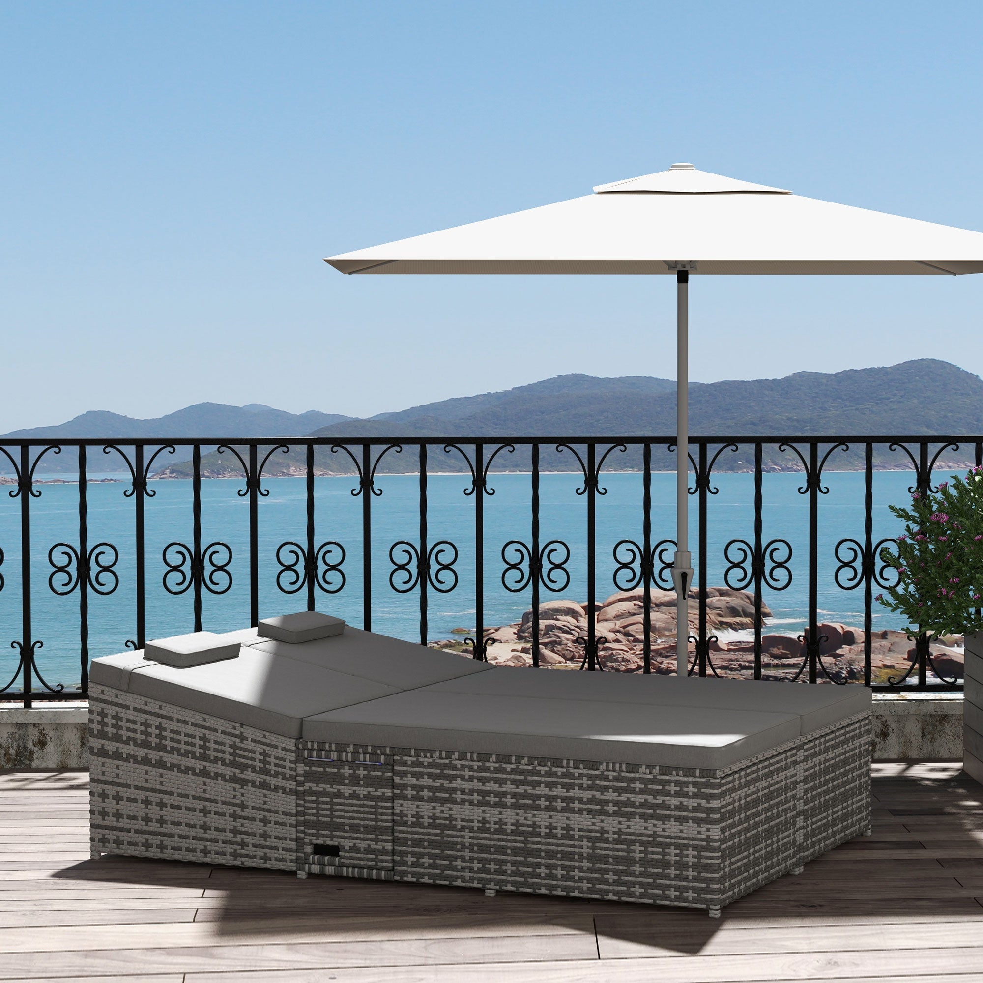 Outsunny 2 Seater Rattan Day Bed w/ Fire Retardant Cushions Grey - North Peak Garden Furniture