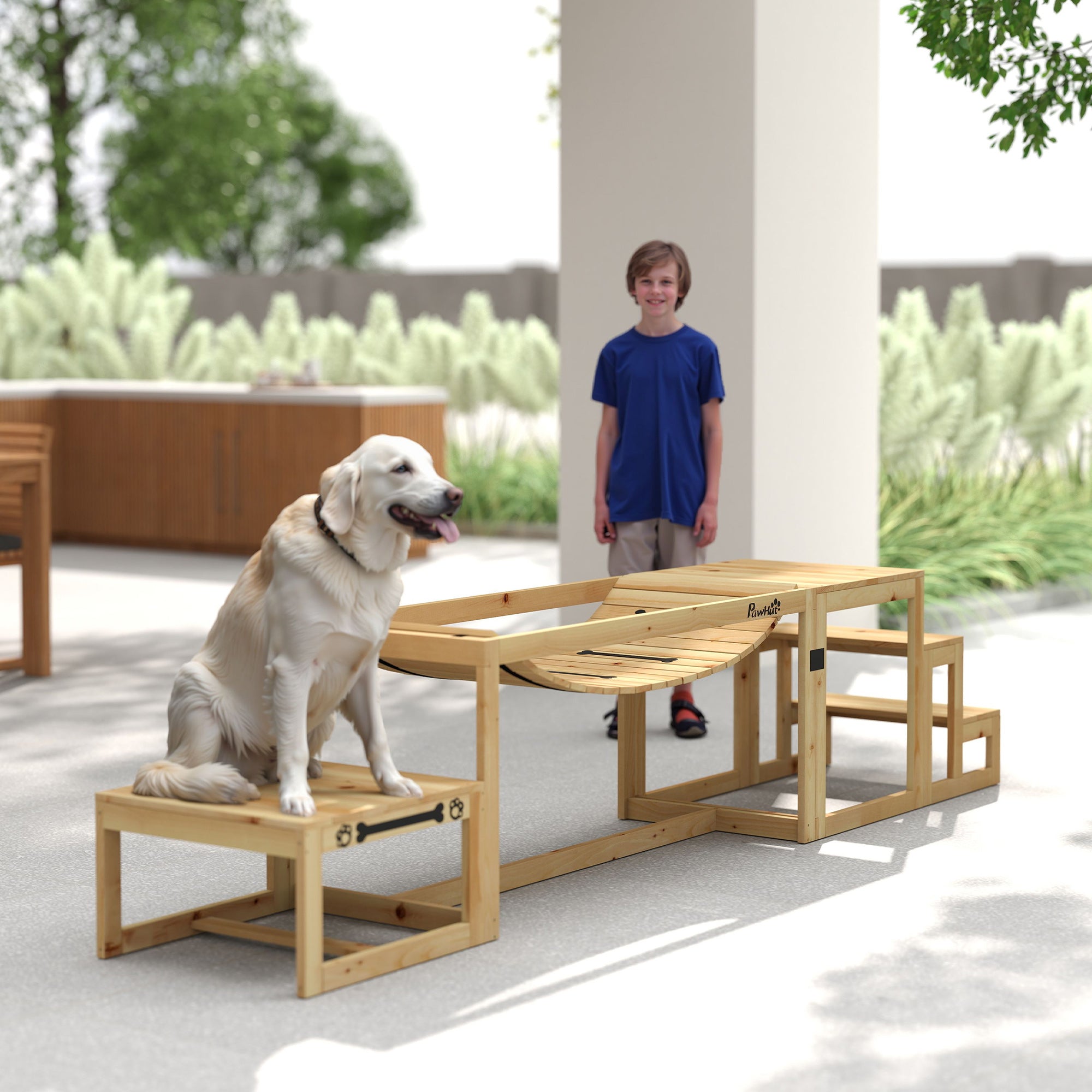 PawHut 3 Pieces Wooden Dog Agility Training Equipment with Soft Bridge, Pause Platform and Pet Stair for Outdoor, Natural Wood