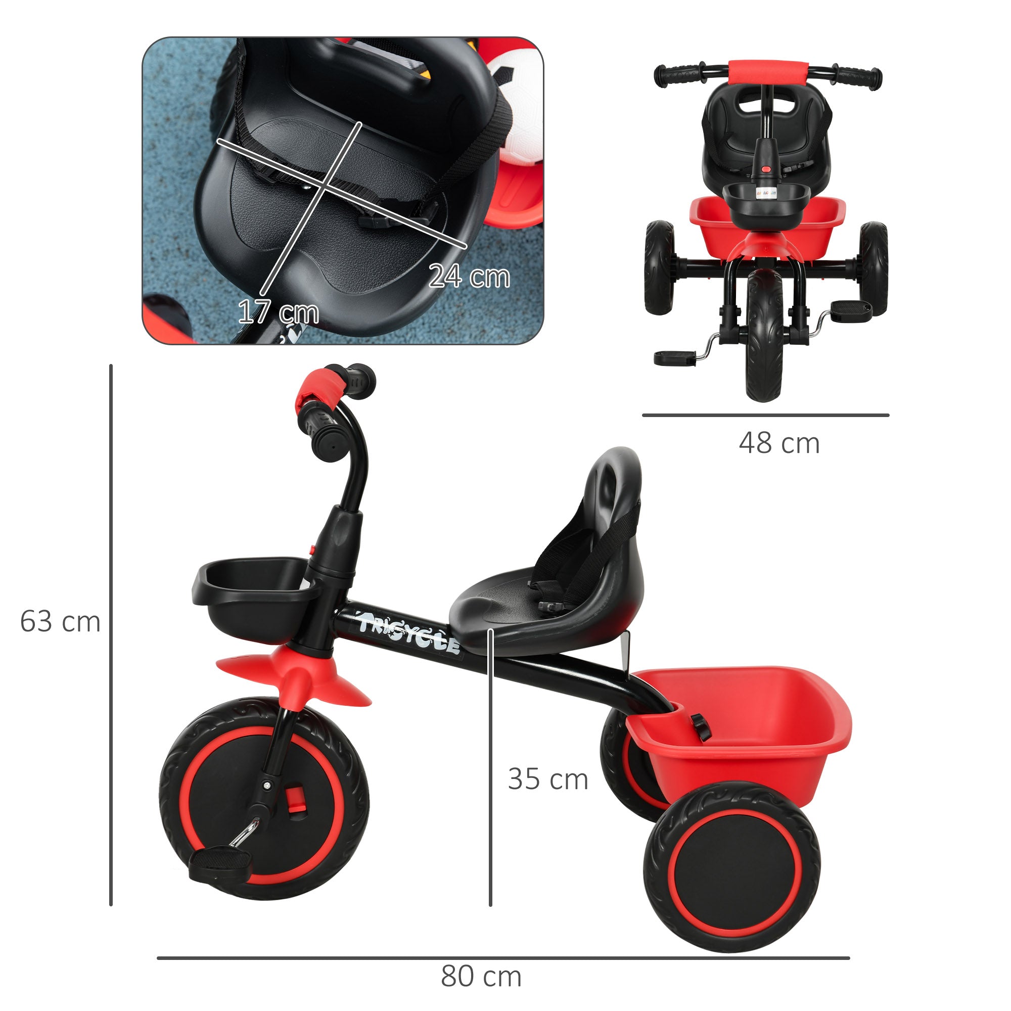 AIYAPLAY Kids Trike for 2-5 Years with Adjustable Seat, Pedal, Baskets, Red - North Peak Garden Furniture