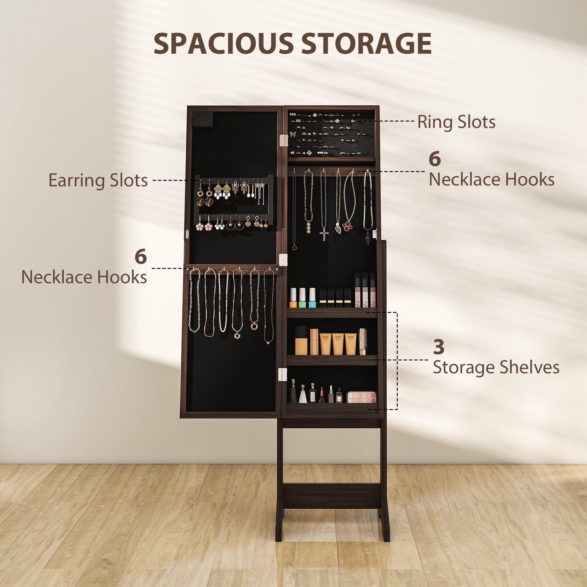 HOMCOM Free Standing Mirror Jewelry Cabinet with LED Lights, Jewellery Organiser with 3 Angle Adjustable, Full-Length Mirror with Storage for Earrings, Necklaces, Rings and Lipsticks, Dark Brown