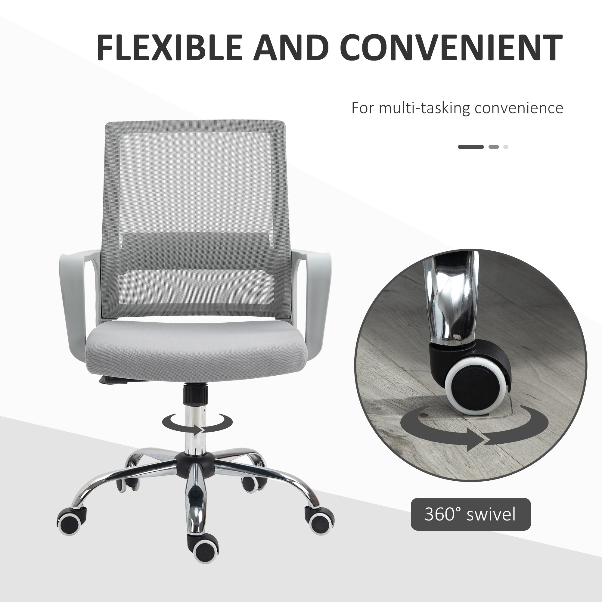 Vinsetto Ergonomic Desk Chair Mesh Office Chair with Adjustable Height Armrest and 360° Swivel Castor Wheels Grey - North Peak Garden Furniture