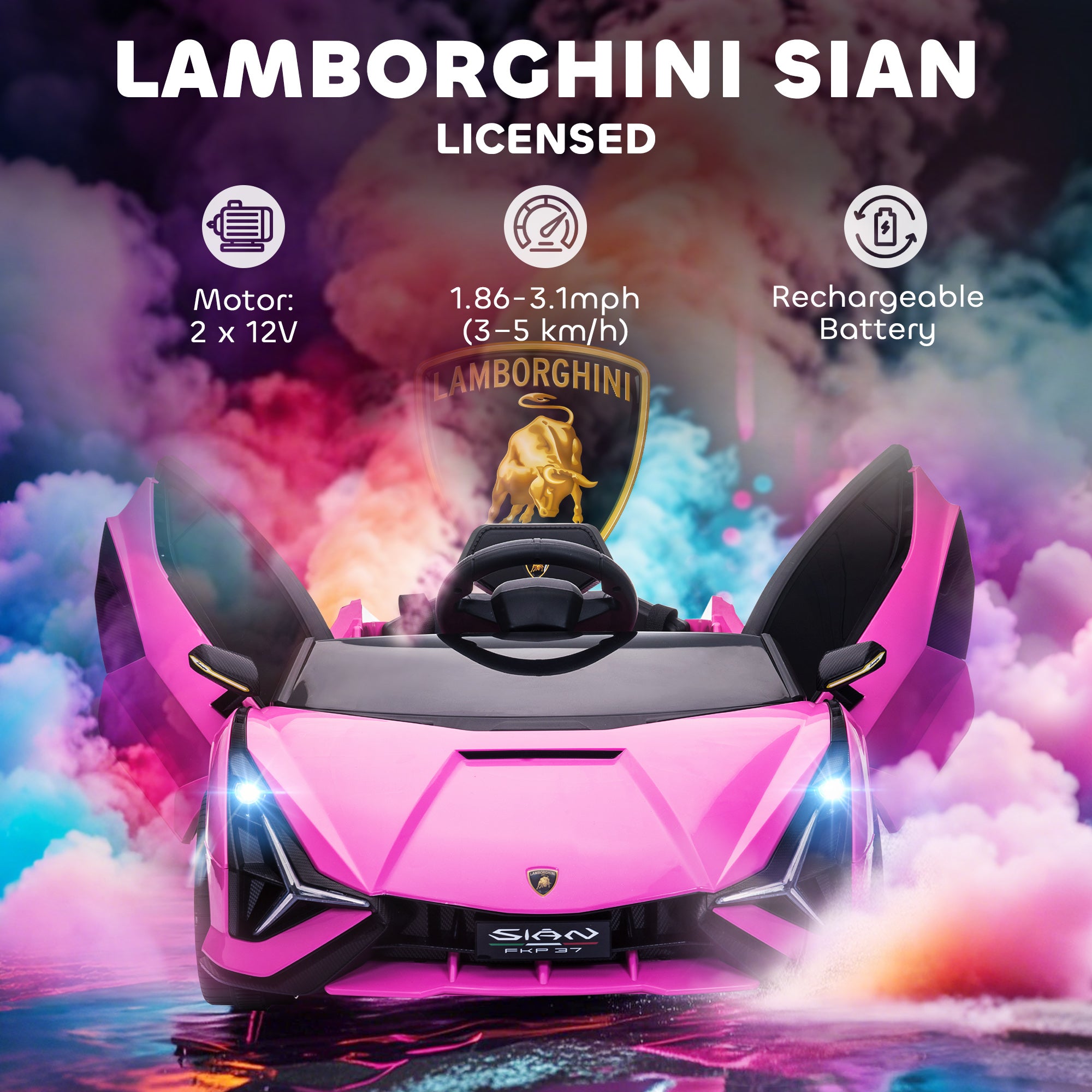 HOMCOM Lamborghini Sian Licensed 12V Kids Electric Ride On Car 2 Motors Toy Car with Remote Control Music Lights MP3 for 3-5 Years Pink