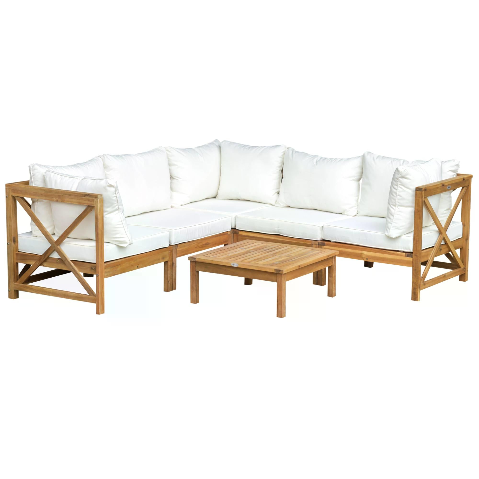 Outsunny 6 PCS Elegant Wood Frame Outdoor Patio Dining Set w/ Cushions Coffee Table Garden Furniture Sofa Comfort Balcony Patio Cream White