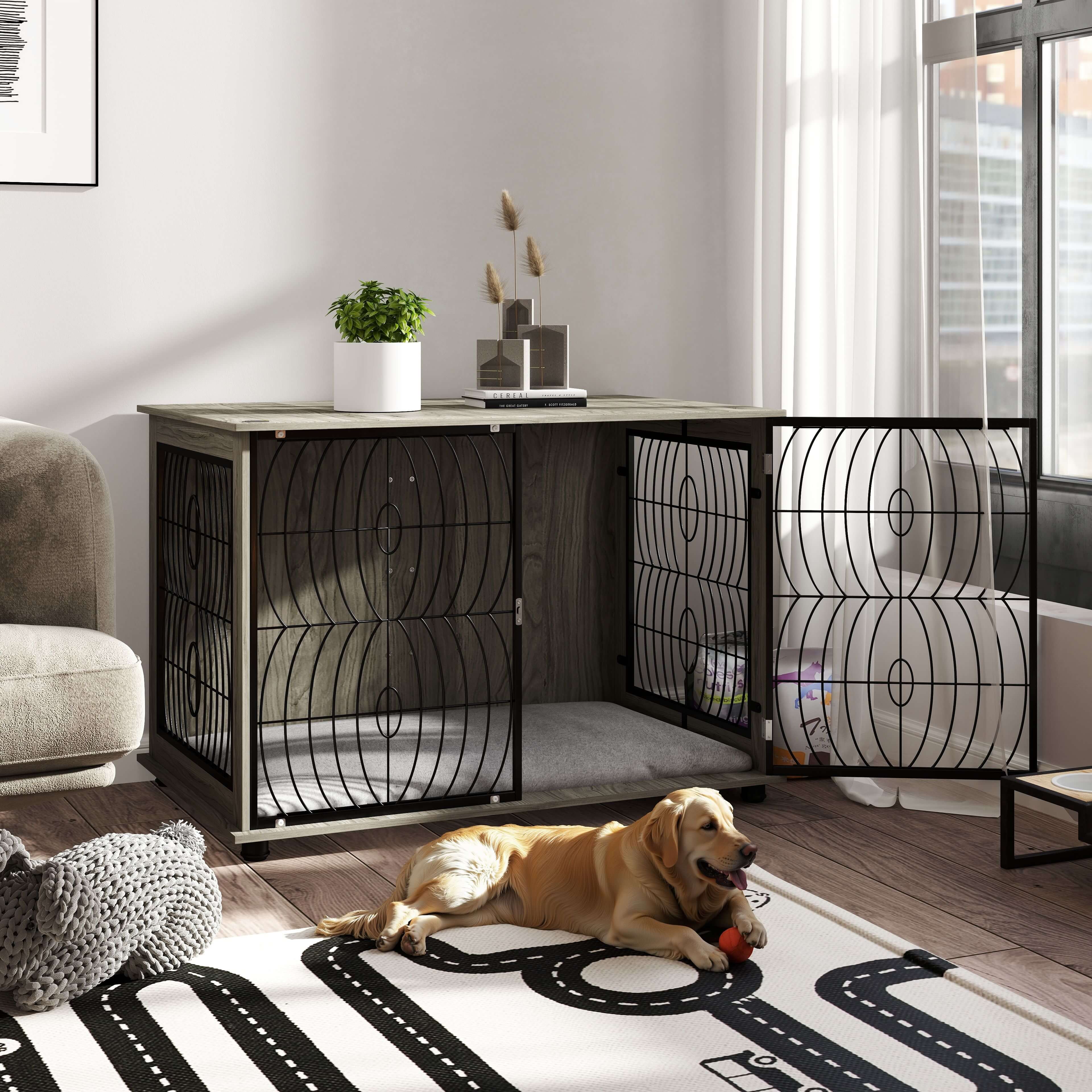 PawHut Dog Crate Furniture End Table w/ Plush Washable Cushion, Lockable Door, for Extra Large Dogs