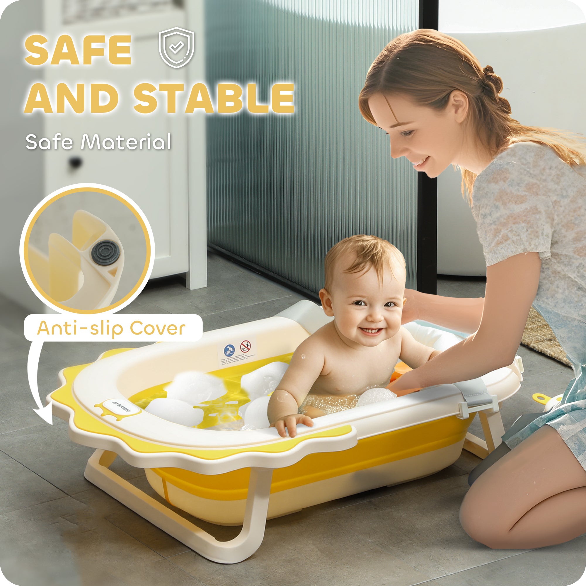 AIYAPLAY Foldable Baby Bath Tub Set with Bath Cushion, Wash Basin, Non-slip Stand & Bottom, Yellow