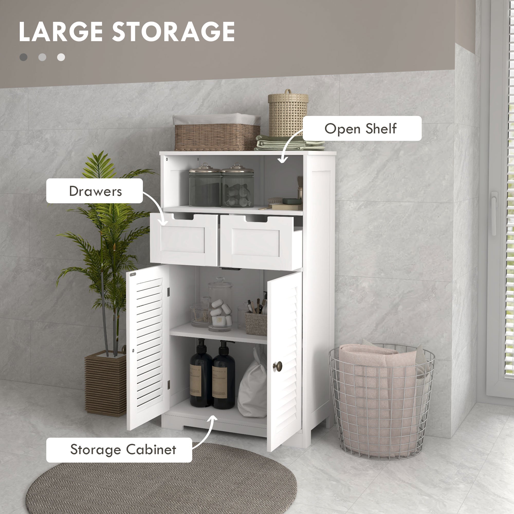 kleankin Three-Part Bathroom Storage Unit, with Shelf, Drawers & Cupboard - White - North Peak Garden Furniture