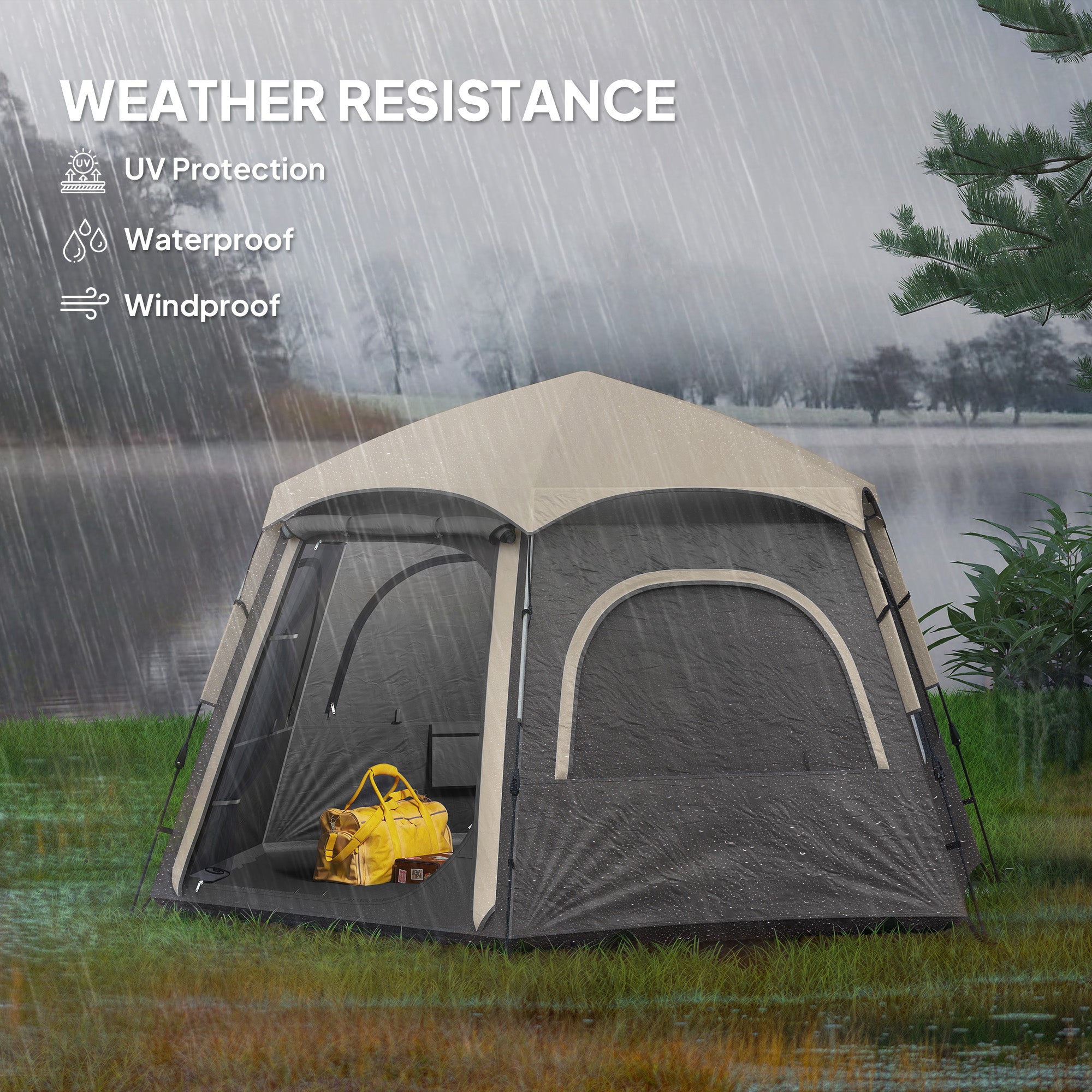 Outsunny Instant Camping Tent, 2/3/4 Person Easy Setup Family Tent with Vestibule, Rainfly, 4 Mesh Windows & 2 Doors, Hexagonal Design, Waterproof UV Protected Dome Tent, Dark Grey - North Peak Garden Furniture