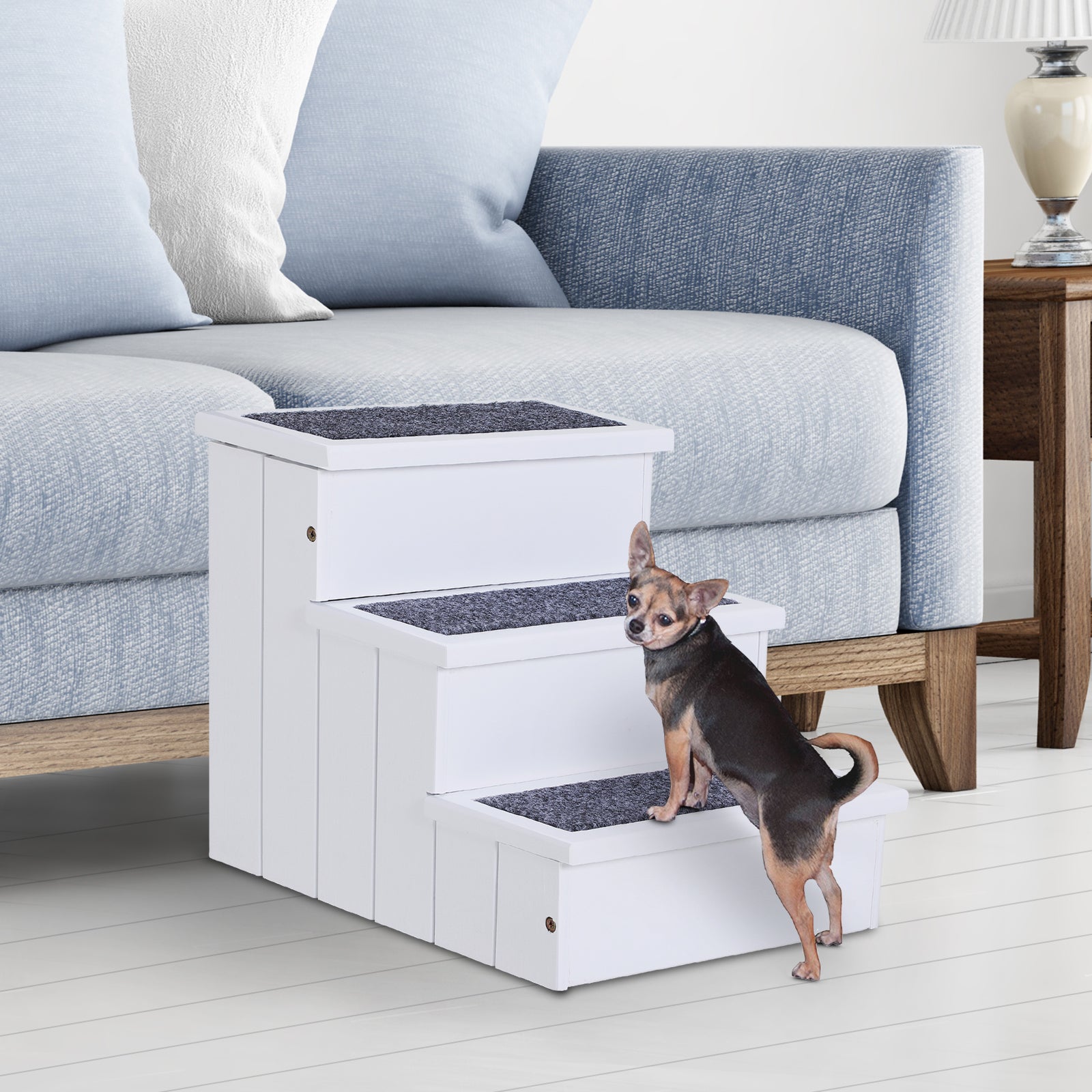 PawHut 3 Step Wooden Dog Steps Pet Stairs for Dogs, Cat Ladder for Bed Couch with Storage White - North Peak Garden Furniture