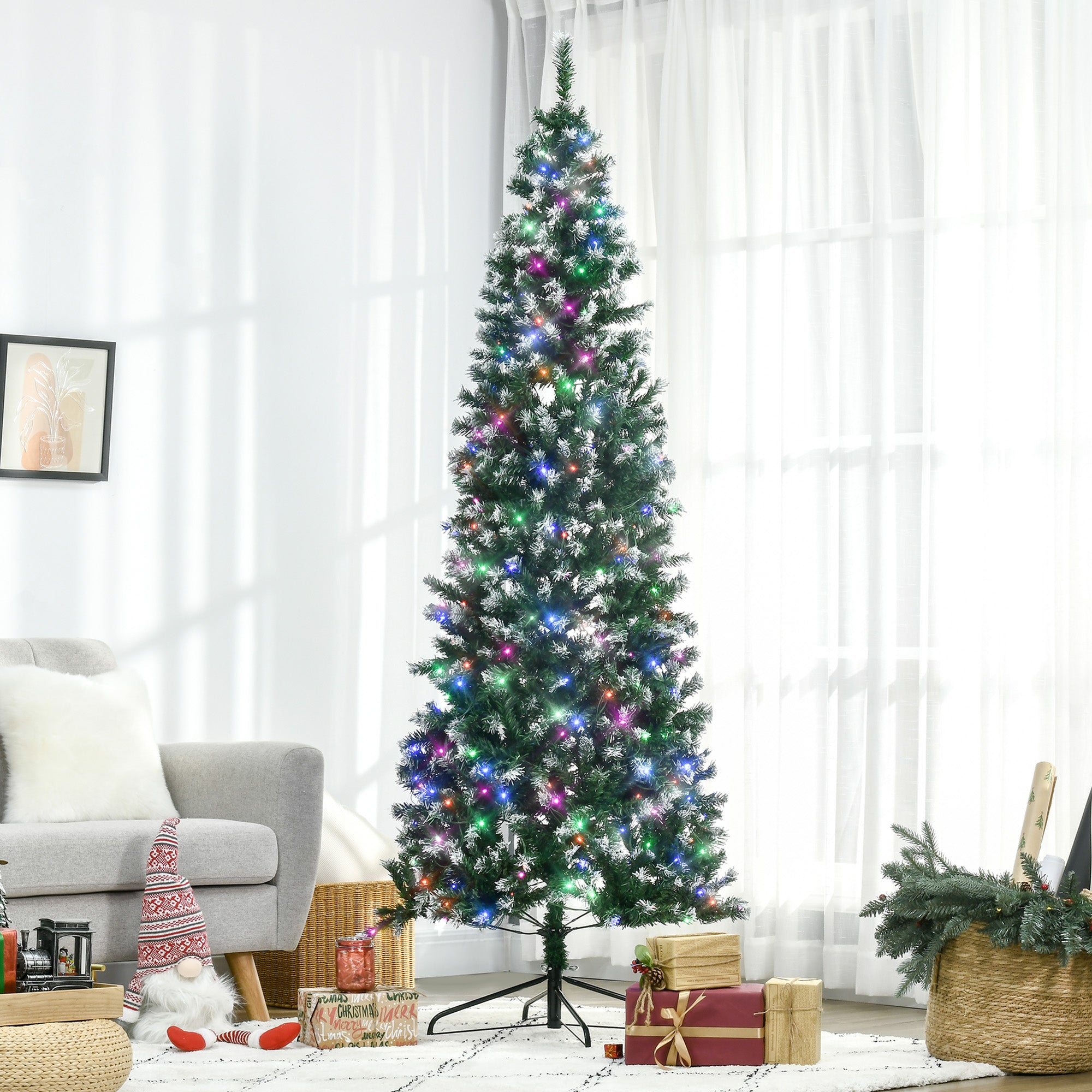 HOMCOM 7FT Tall Prelit Pencil Slim Artificial Christmas Tree with Realistic Branches, 350 Colourful LED Lights and 818 Tips, Xmas Decoration, Green - North Peak Garden Furniture