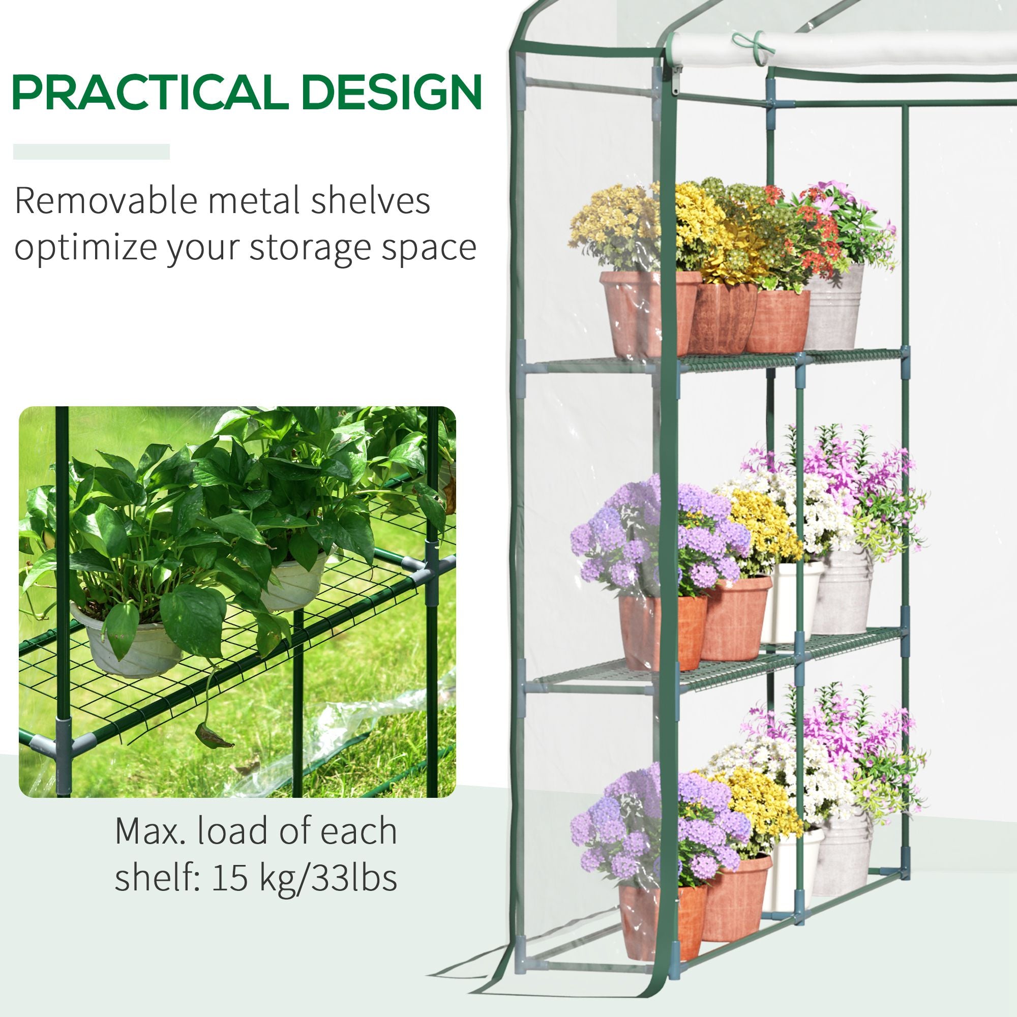 Outsunny Walk in Greenhouse with 3-Tier 8 Shelves, Green House with Hemmed Cover, Roll-up Zipped Door, Steel Frame, 143 x 143 x 195cm - North Peak Garden Furniture