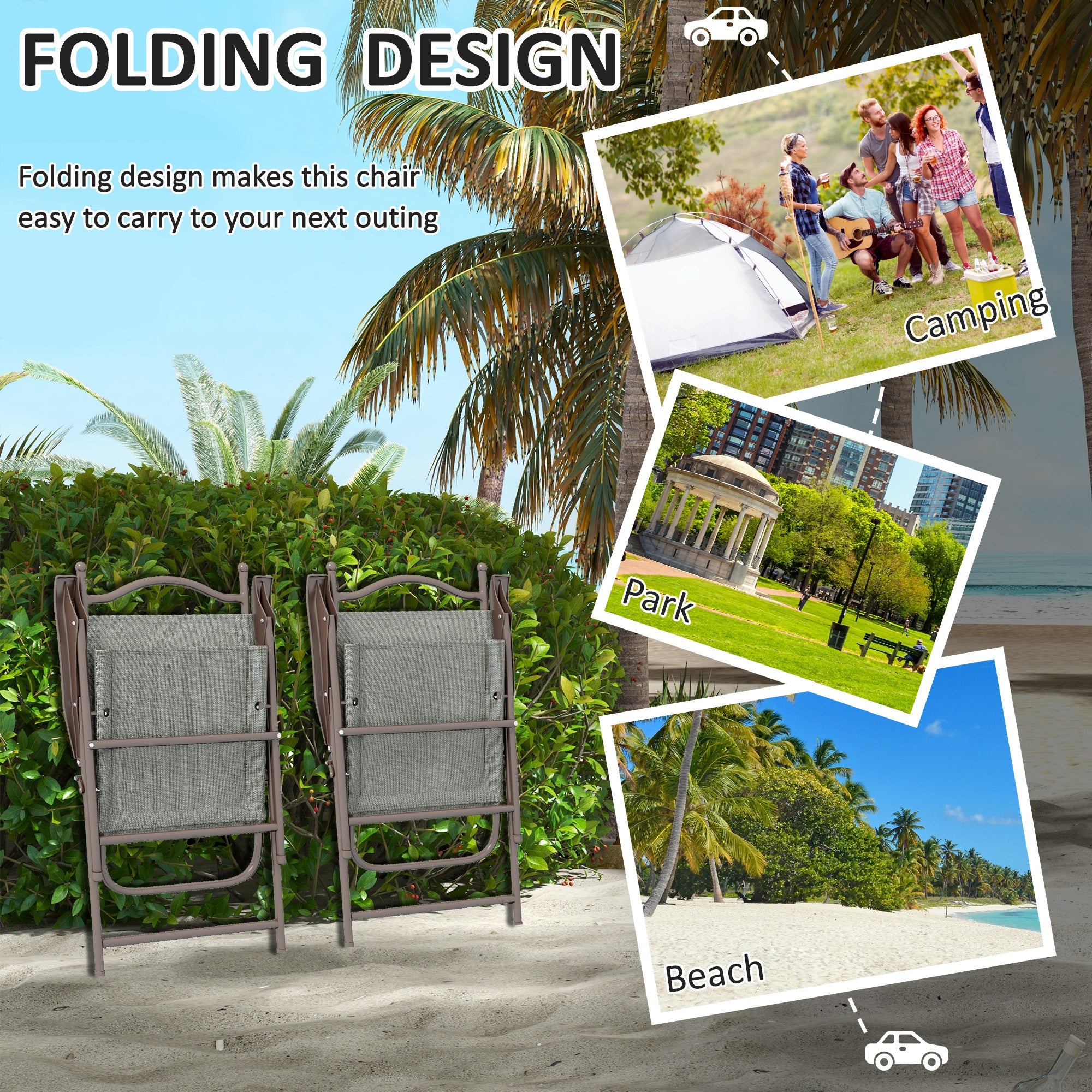 Outsunny Set of Two Folding Garden Chairs, with Fabric Mesh Seats - Dark Grey - North Peak Garden Furniture