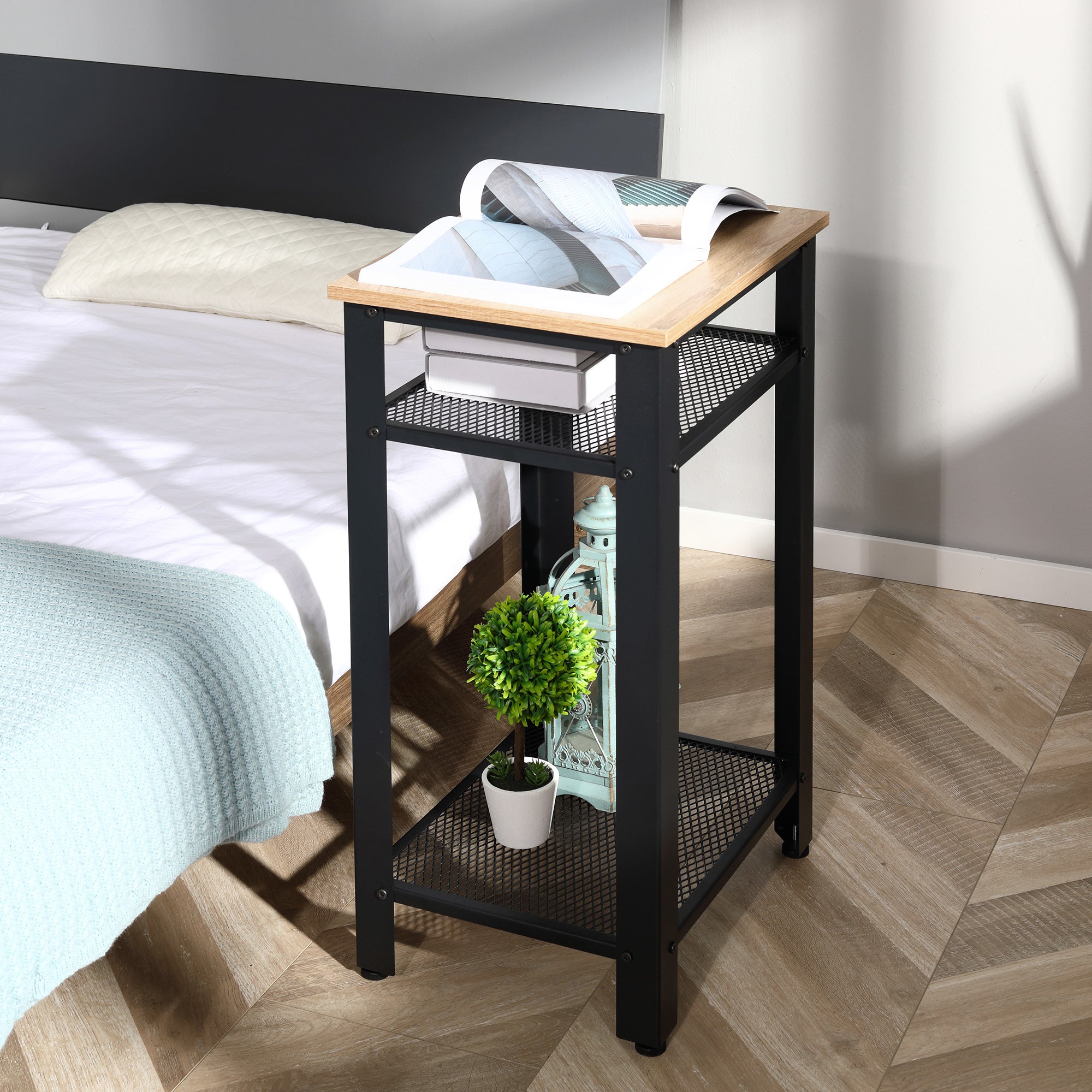 HOMCOM Tall Side Table Set of 2 with 3 Layer, 2 Shelves Storage Display Industrial-Style, Metal Frame, Bedside End Table for Living Room Bedroom, Oak and Black