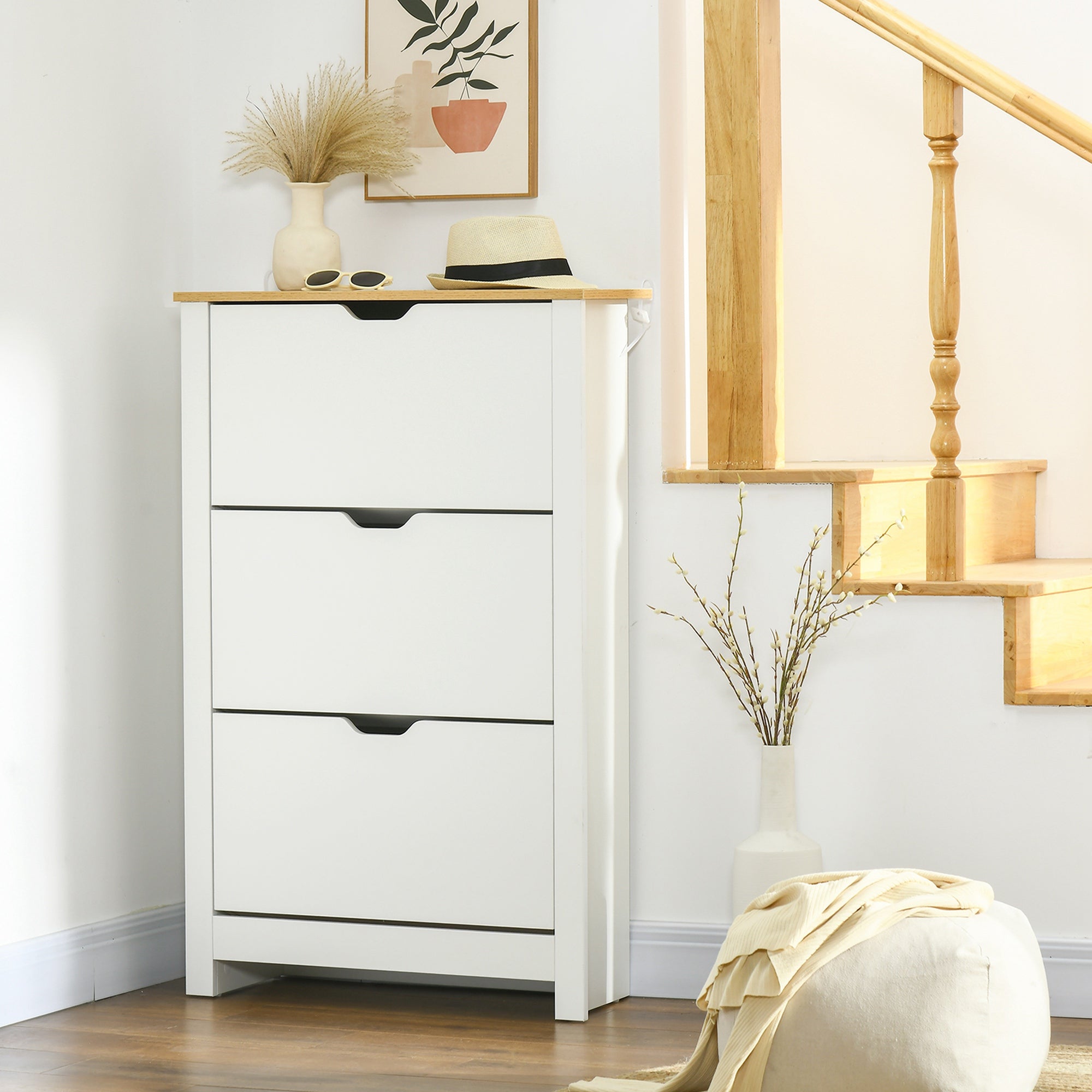 HOMCOM Slim Shoe Cabinet, Narrow Shoe Cupboard with 3 Flip Drawers, Adjustable Shelves for 18 Pairs of Shoes for Hallway, White - North Peak Garden Furniture