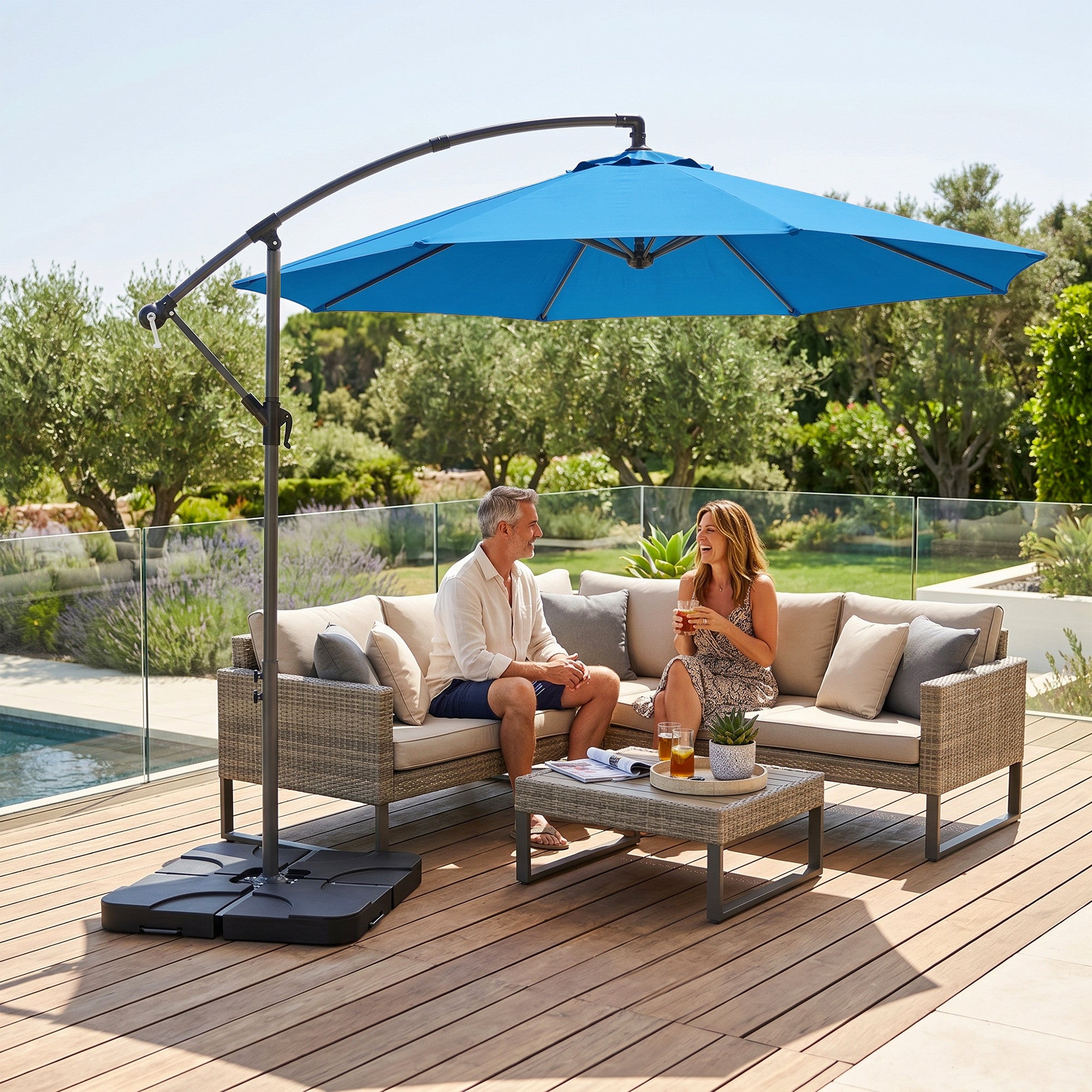 Outsunny 3m Overhanging Parasol, with Base, Weights and Cover - Blue