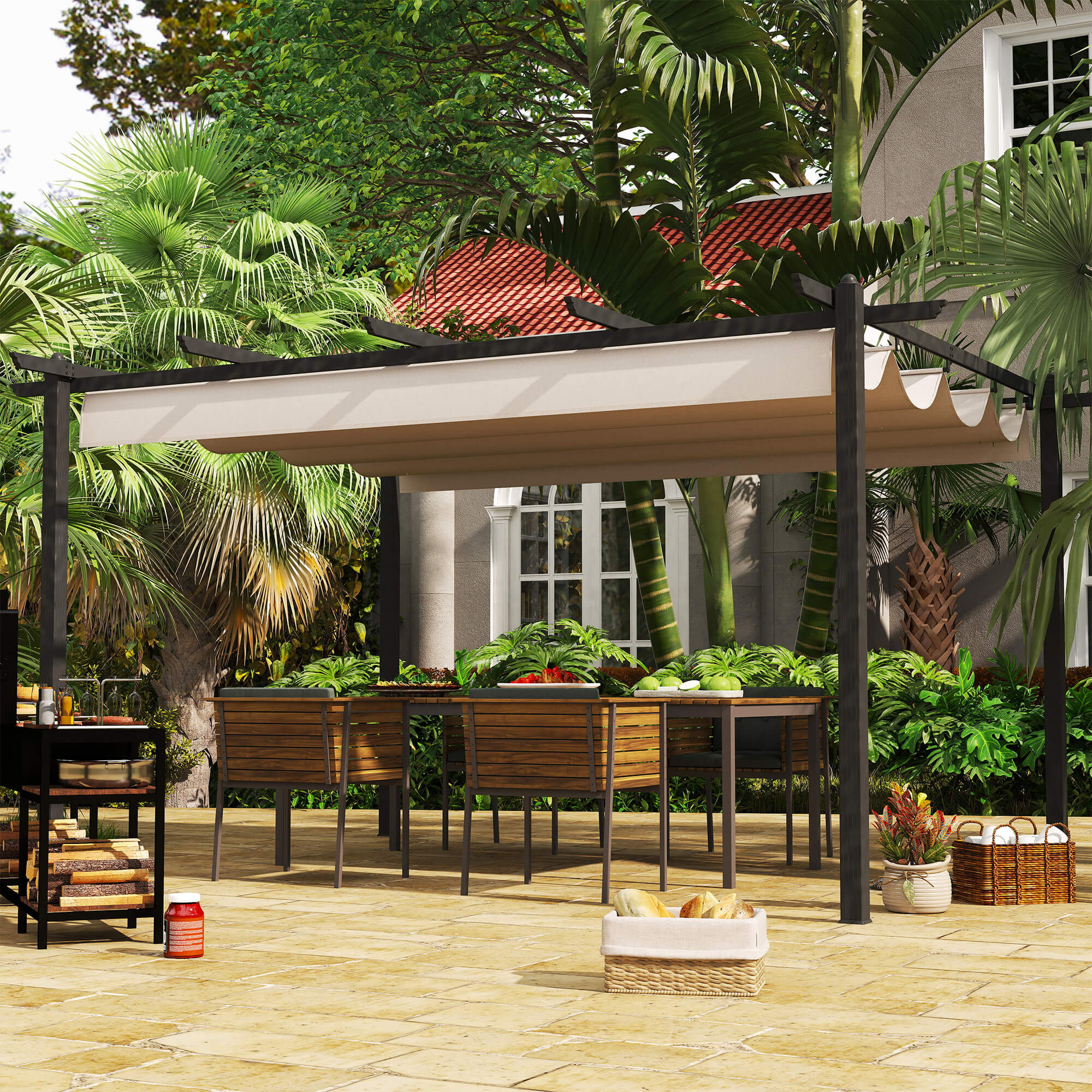 Outsunny 4 x 3(m) Aluminium Pergola with Retractable Roof, Garden Gazebo Canopy Shelter for Outdoor, Patio, Cream White - North Peak Garden Furniture