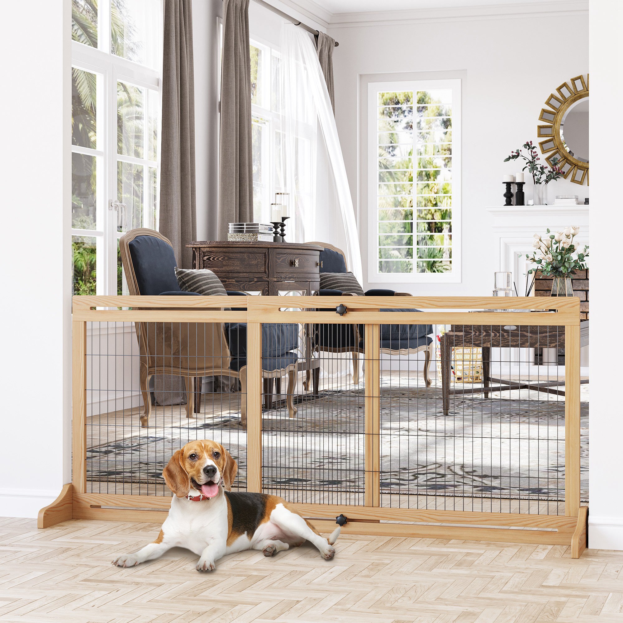 PawHut Freestanding Dog Gate, Foldable Pet Fence, Indoor Wood Barrier, Stair Gate with Support Feet, for Doorway, Hallway, Small and Medium Dogs, 69H x 104-183 cm, Natural Wood Effect - North Peak Garden Furniture