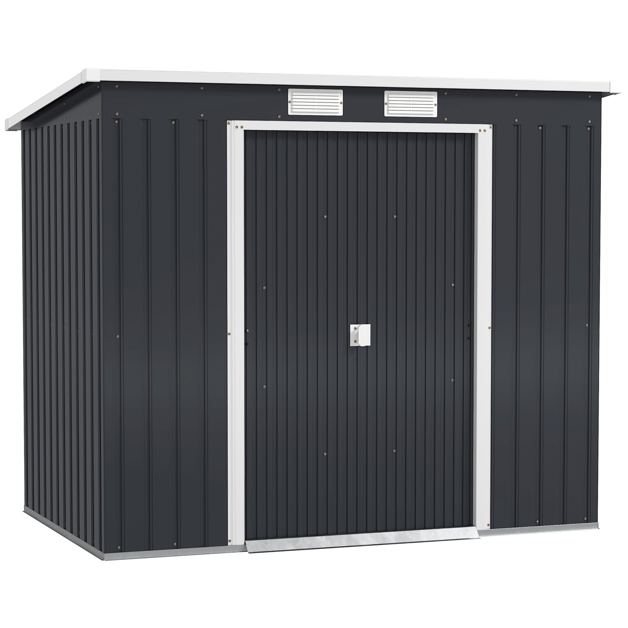 Outsunny Outdoor Lean to Garden Metal Equipment Tool Storage Shed w/ Foundation Kit, Double Door, Vents and Sloped Roof, Dark Grey