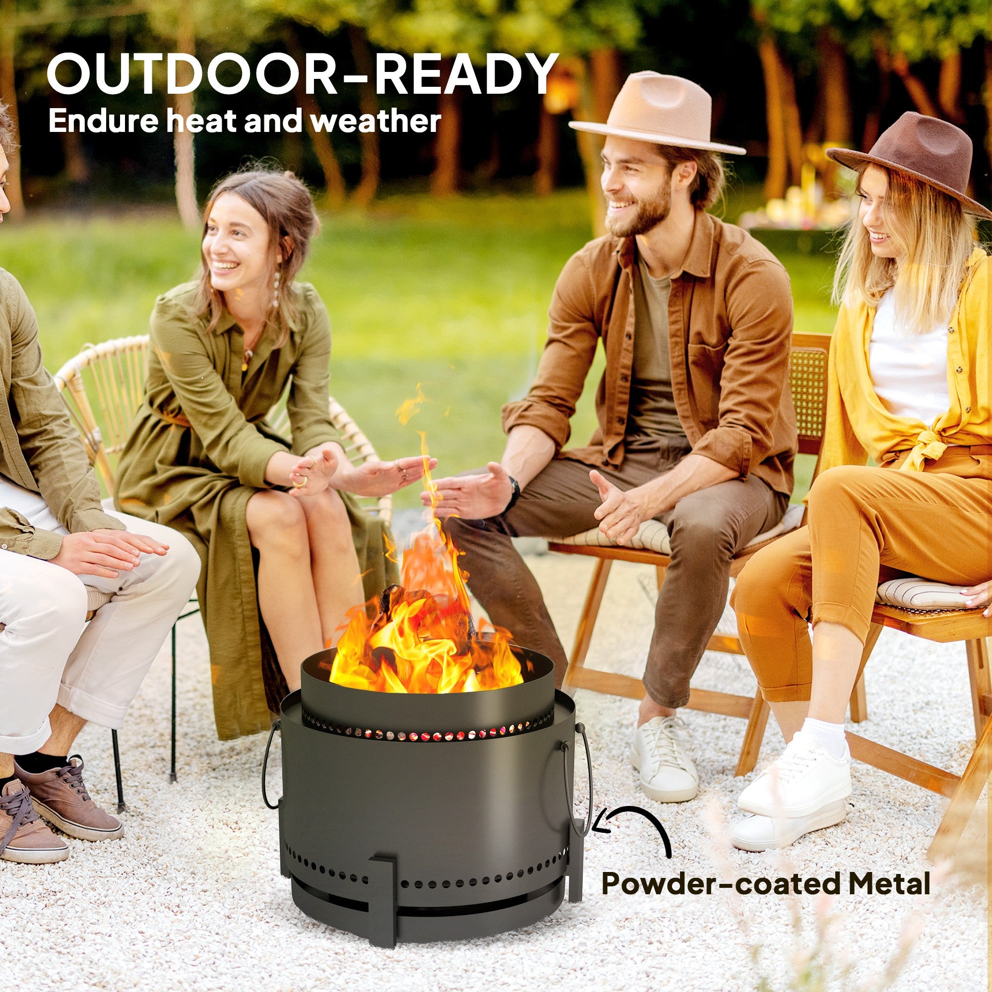 Outsunny Smokeless Fire Pit with Ash Catcher, 37cm Portable Wood Burning Firepit with Poker for Garden Camping Bonfire Party, Metal, Dark Grey - North Peak Garden Furniture