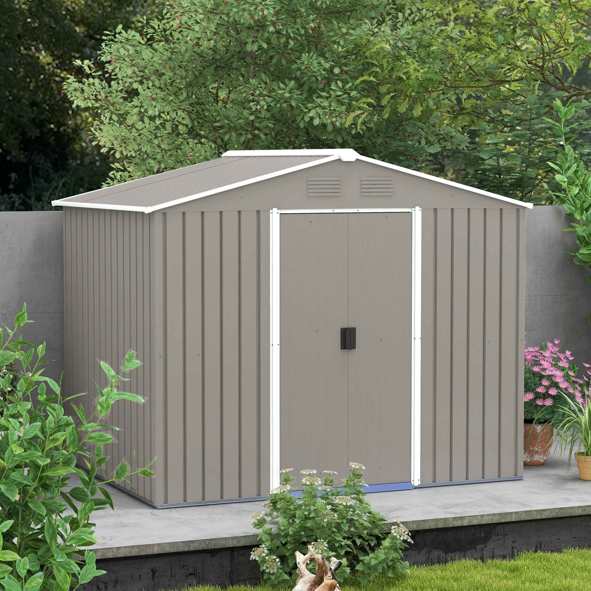 Outsunny 8 x 6ft Outdoor Garden Storage Shed, Metal Tool House with Ventilation and Sliding Doors, Light Grey - North Peak Garden Furniture