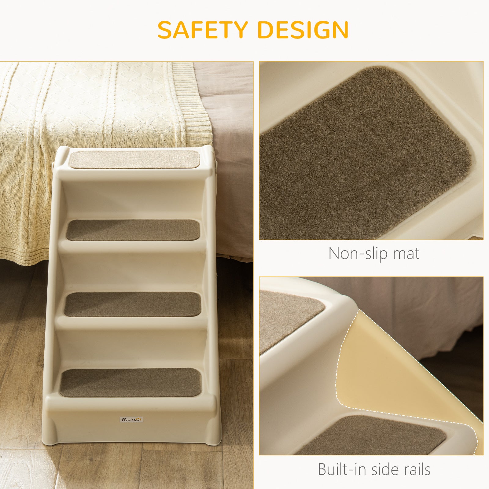 PawHut Foldable Four-Step Pet Stairs, for Cats, Small Miniature Dogs, with Non-Slip Mats 62 x 38 x 49.5cm - Beige - North Peak Garden Furniture