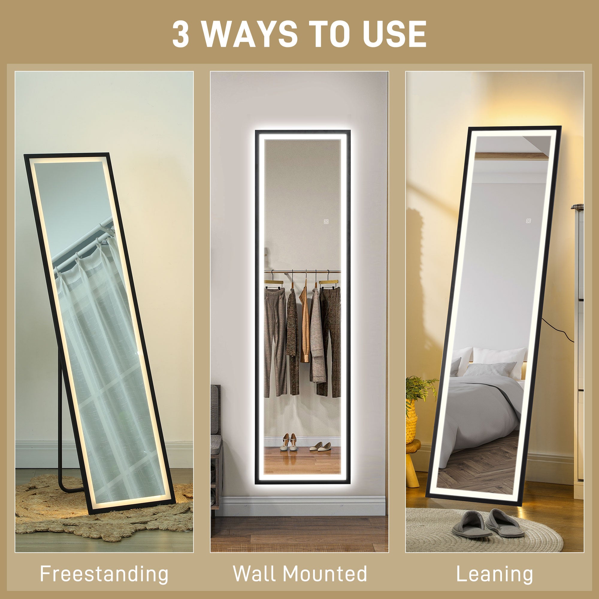 HOMCOM 150 x 40cm Full Length Mirror, with Adjustable Lights - Black - North Peak Garden Furniture