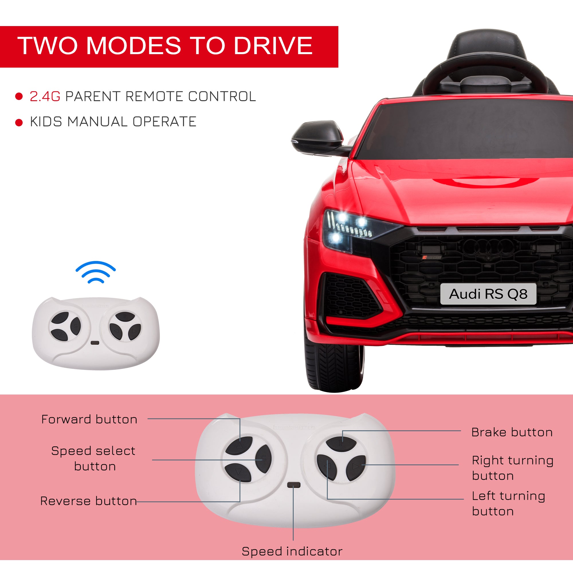HOMCOM Audi RS Q8 Licensed 6V Kids Electric Ride On Car Toy Car with Remote Control Music Lights USB MP3 for 3-5 Years Old Red - North Peak Garden Furniture