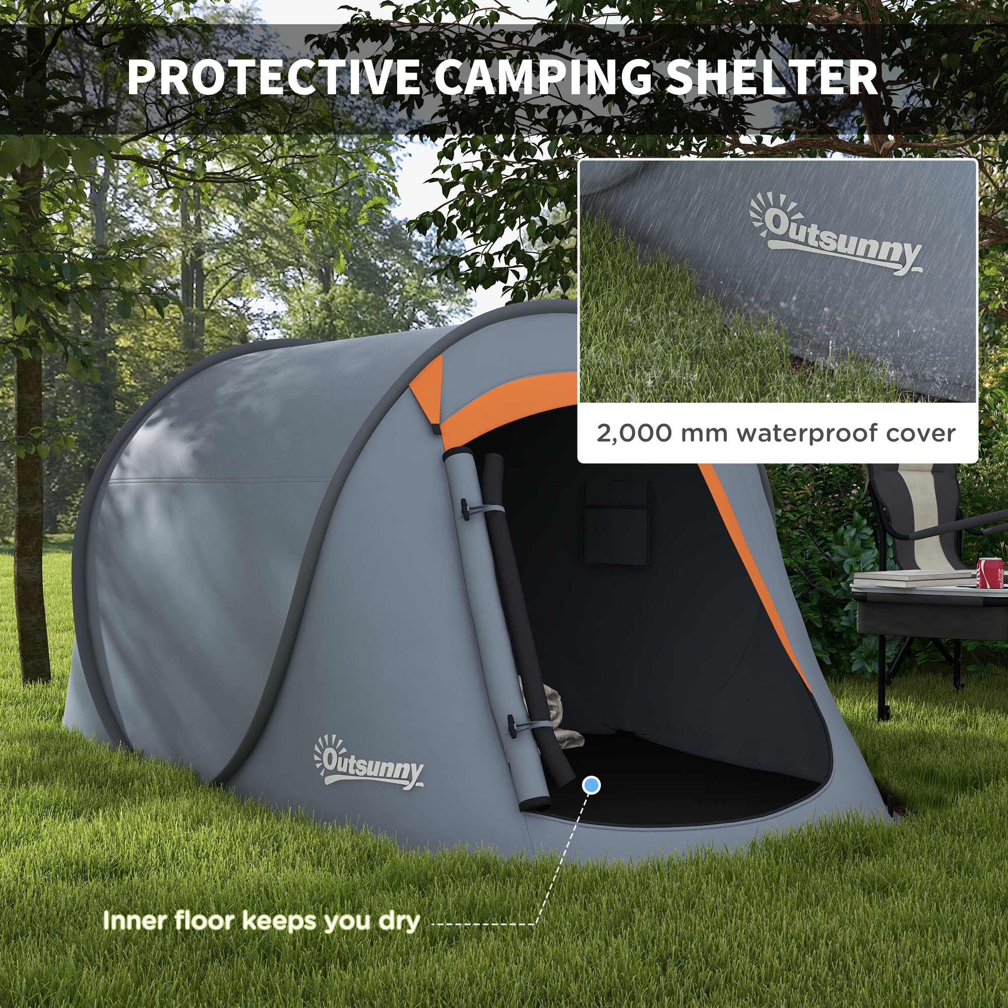 Outsunny Two-Man Pop-Up Dome Tent, with Accessories - Grey - North Peak Garden Furniture