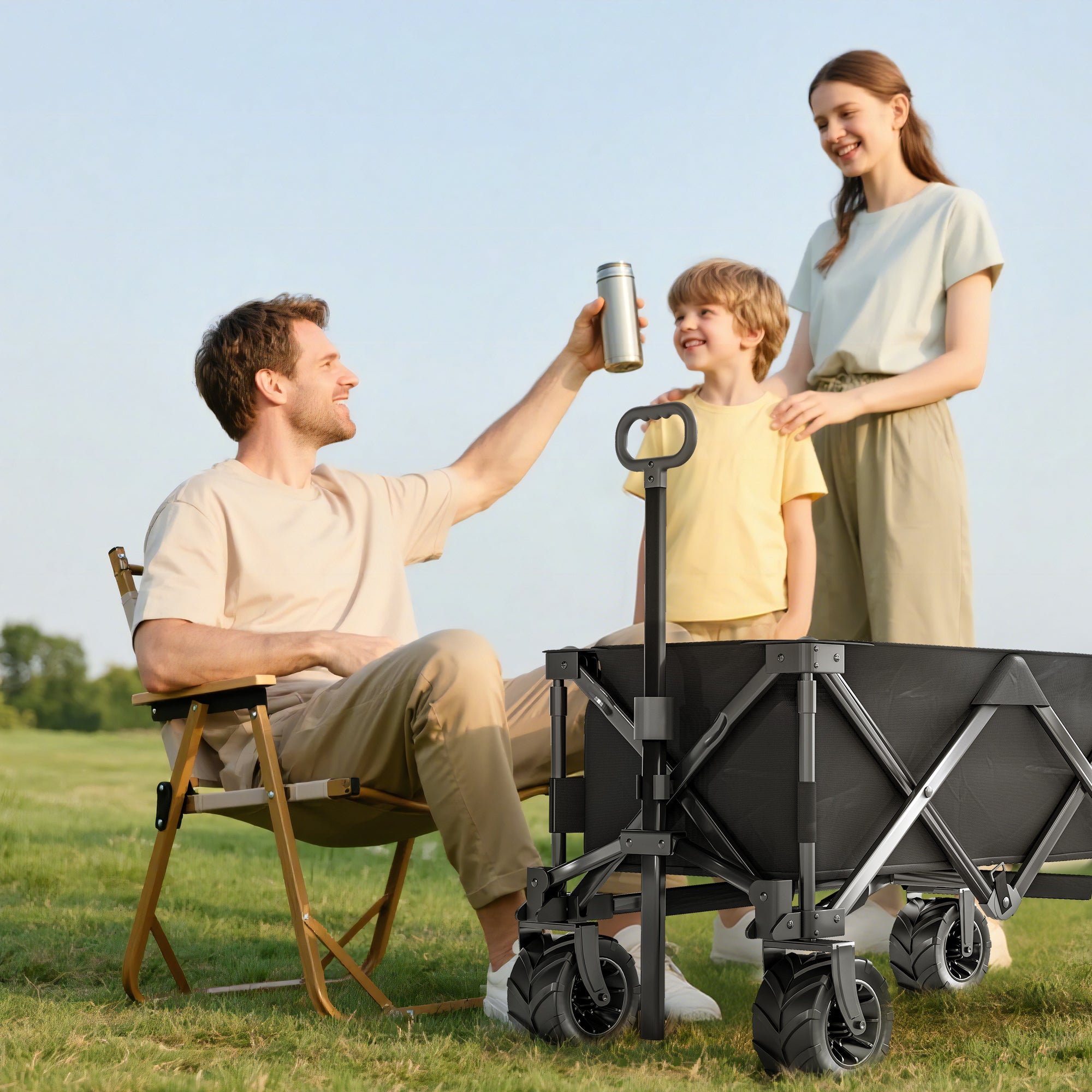 Outsunny Outdoor Folding Garden Trolley on Wheels, Capming Cargo Wagon Cart Trailer w/ Handle, Wheels for Beach Garden, Black