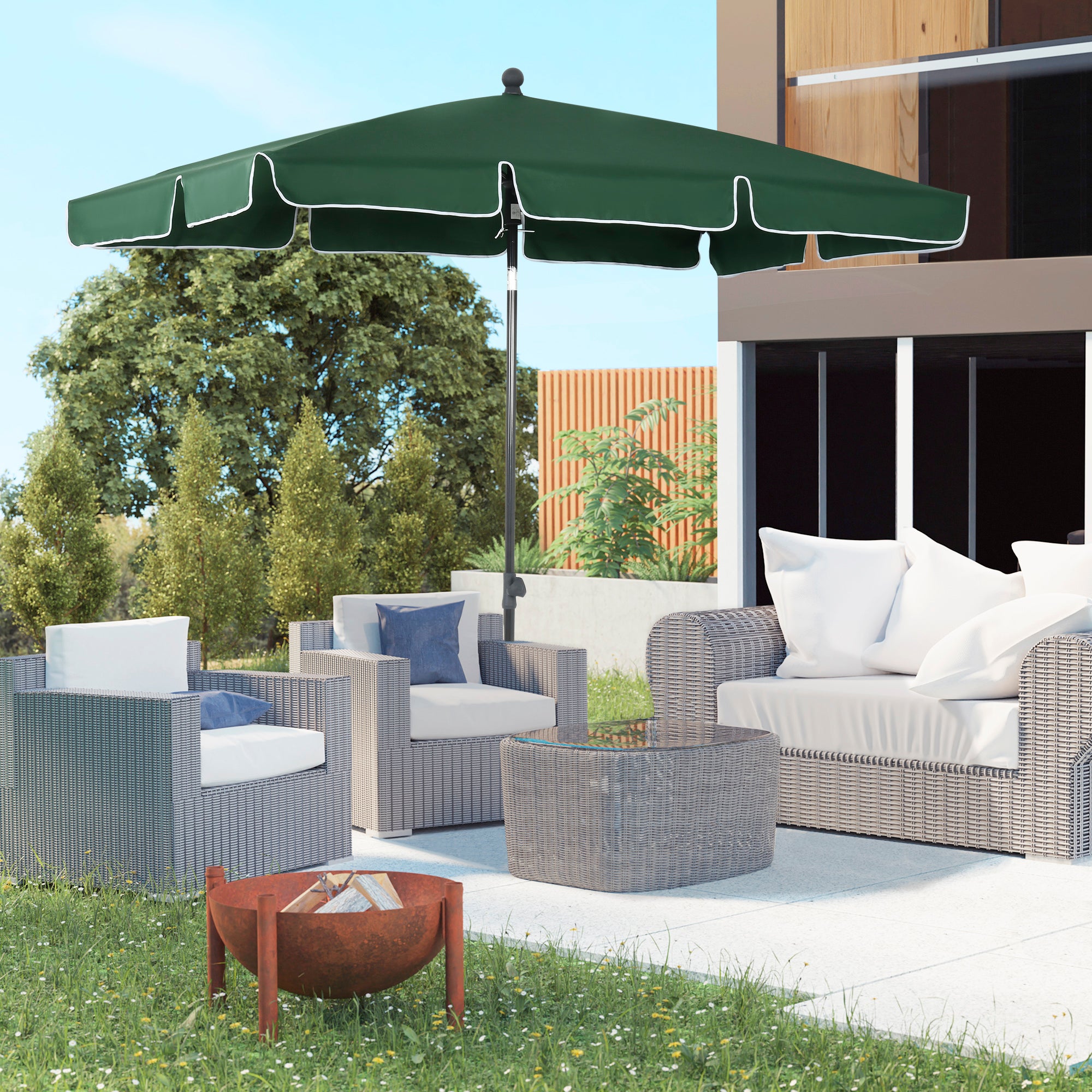 Outsunny Garden Parasol Umbrella, Outdoor Market Table Umbrella with Ruffles & Aluminium Pole, Rectangular Tilting Parasol Sun Shade Canopy, 2 x 1.3m, Green - North Peak Garden Furniture