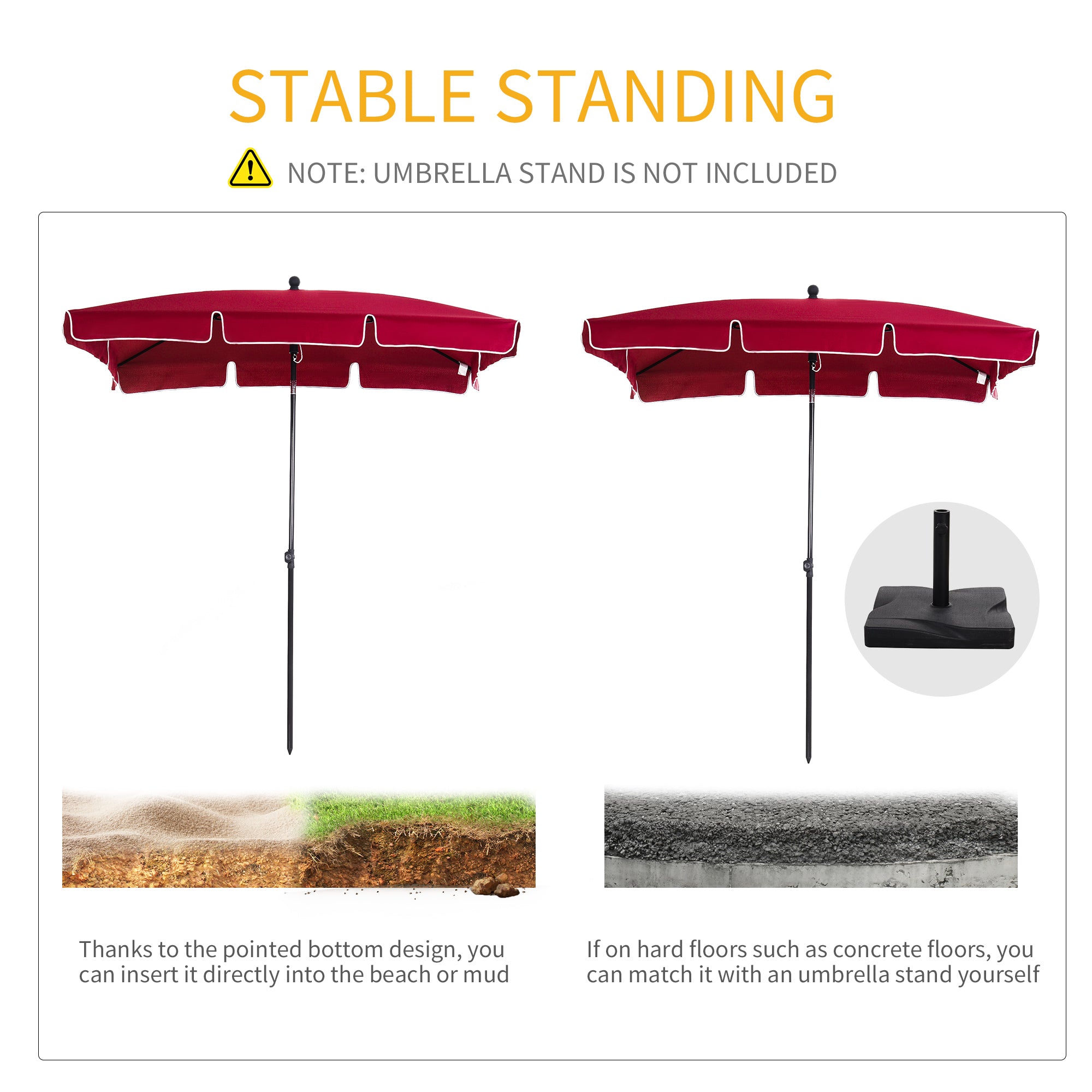 Outsunny Garden Parasol Umbrella, Outdoor Market Table Umbrella with Ruffles & Aluminium Pole, Rectangular Tilting Parasol Sun Shade Canopy, 2 x 1.3m, Red - North Peak Garden Furniture