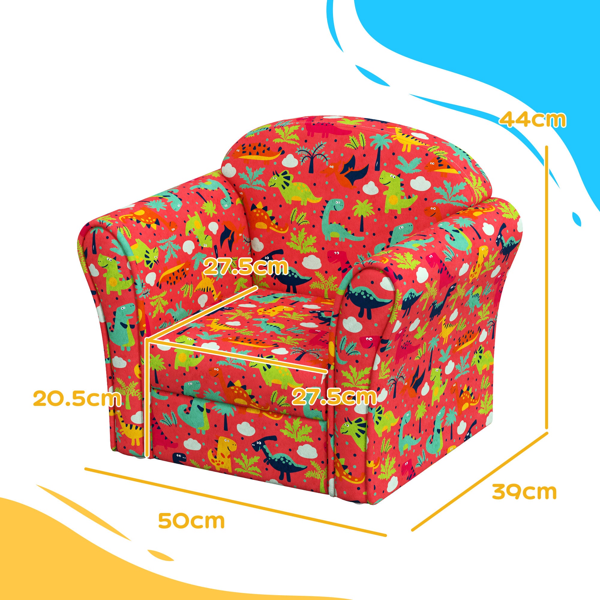 AIYAPLAY Kids Armchair with Dinosaur Design, Wooden Frame, for Bedroom, Playroom, Kids Room, Red - North Peak Garden Furniture