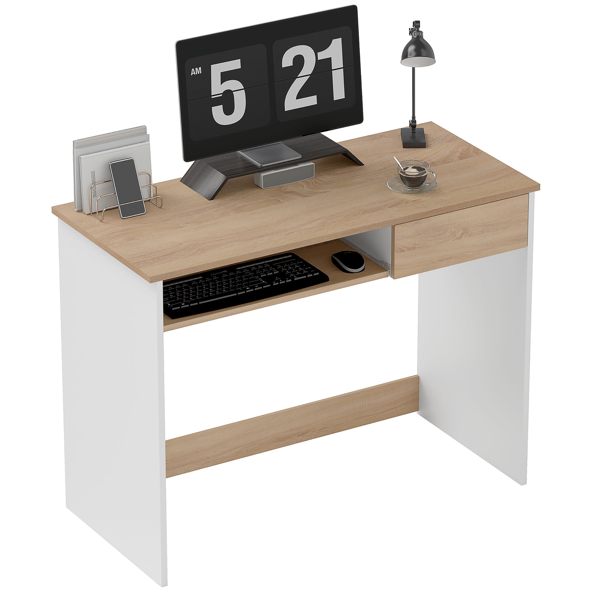 HOMCOM 100cm Compact Computer Desk with Keyboard Tray, Home Office Desk with Drawer for Bedroom Study, Oak - North Peak Garden Furniture