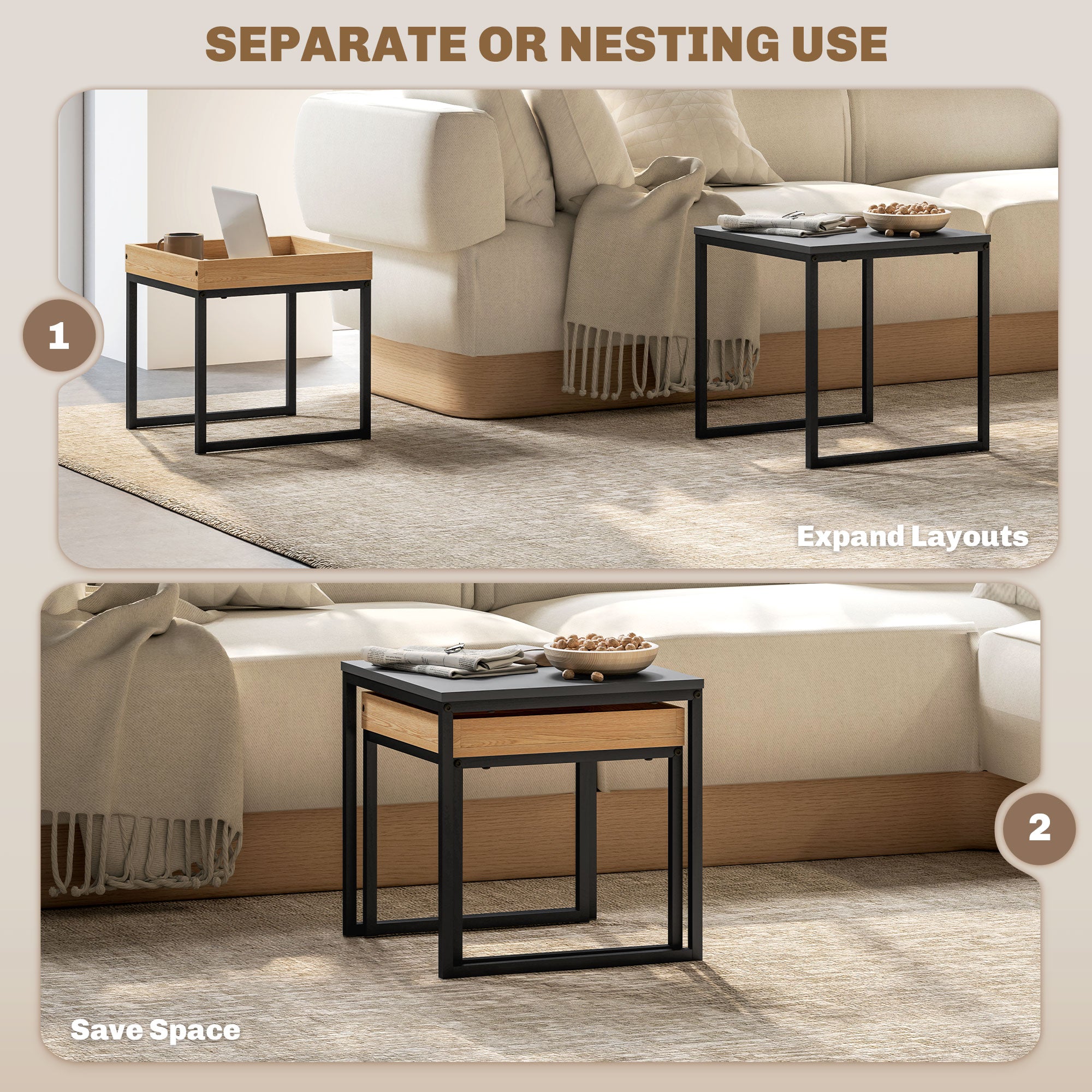 HOMCOM Set of Two Boxy Nesting Tables - Black/Wood-Effect - North Peak Garden Furniture