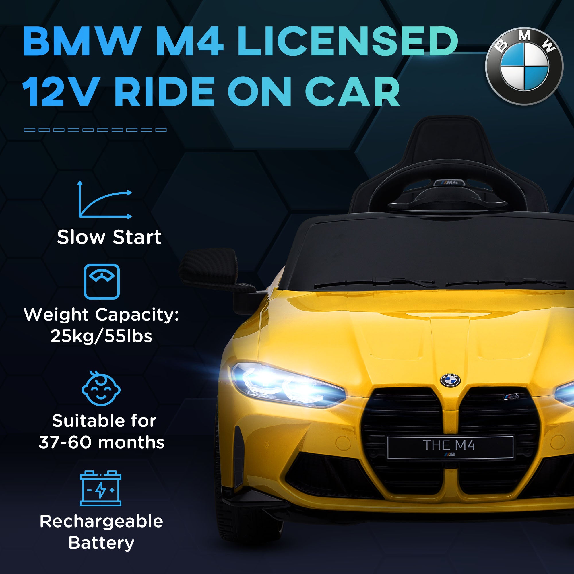 AIYAPLAY 12V BMW M4 Licensed Kids Car with Easy Transport, Remote Control, Suspension, Music, Horn, LED Lights, Yellow - North Peak Garden Furniture