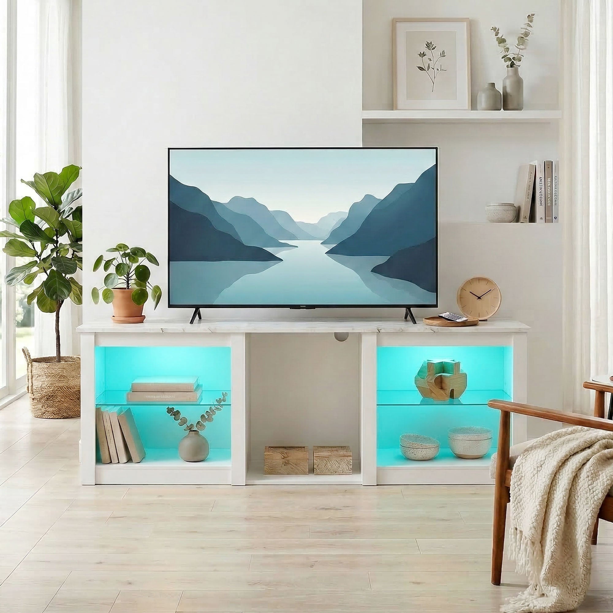 HOMCOM 70" TV Stand, with LED Lights and Storage - White