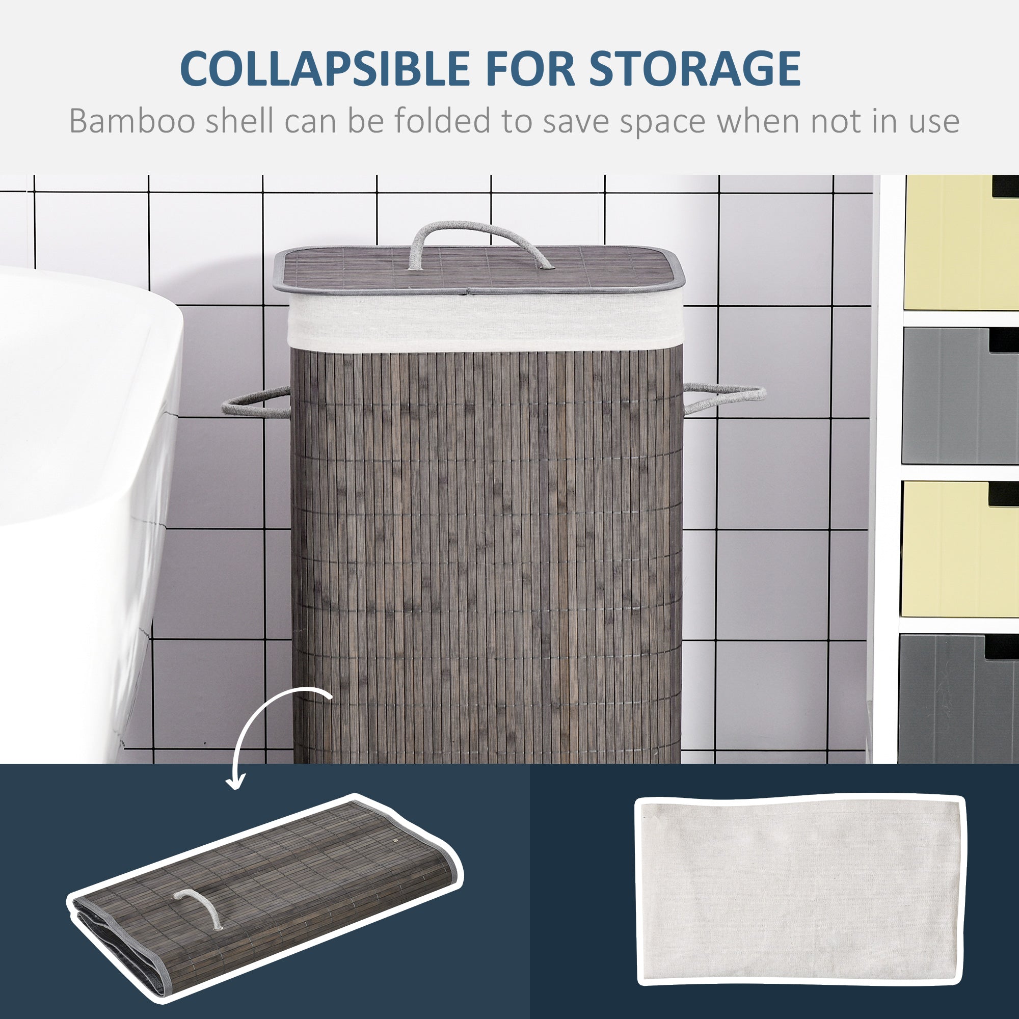 HOMCOM Laundry Basket with Flip Lid and String Handles, Collapsible Hamper Removable Lining Board Base Foldable Water-Resistant Dirty Clothes Storage, Grey - North Peak Garden Furniture