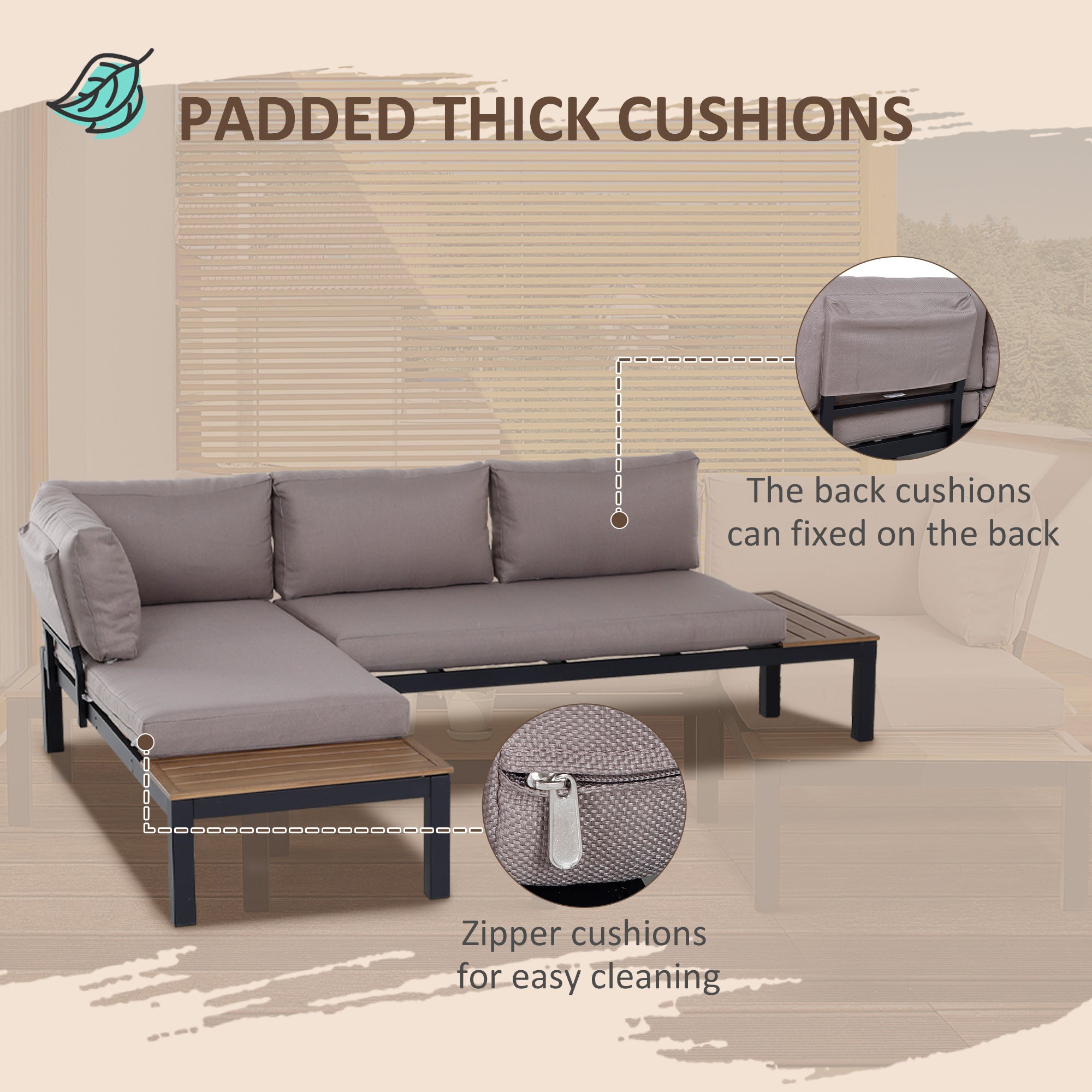 Outsunny 3 Pieces Garden Furniture Sets, Aluminium Outdoor Corner Sofa set with 2 Loveseat and Coffee Table with Cushions for Patio, Garden, Black - North Peak Garden Furniture
