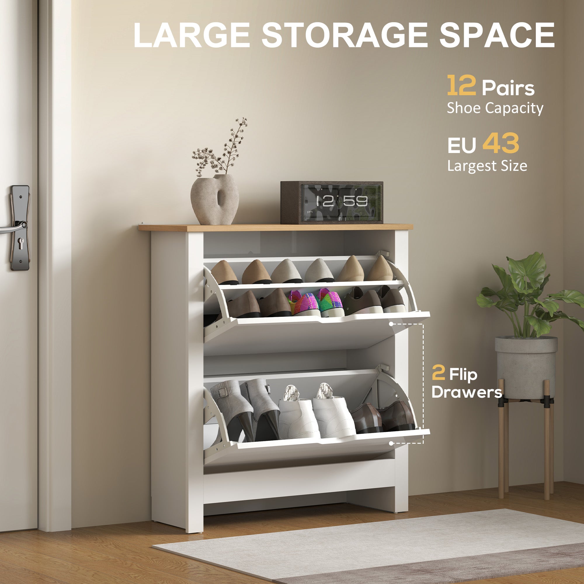 HOMCOM Slim Shoe Cabinet, Narrow Shoe Cupboard with 2 Flip Drawers, Adjustable Shelves for 12 Pairs of Shoes, High Gloss White - North Peak Garden Furniture
