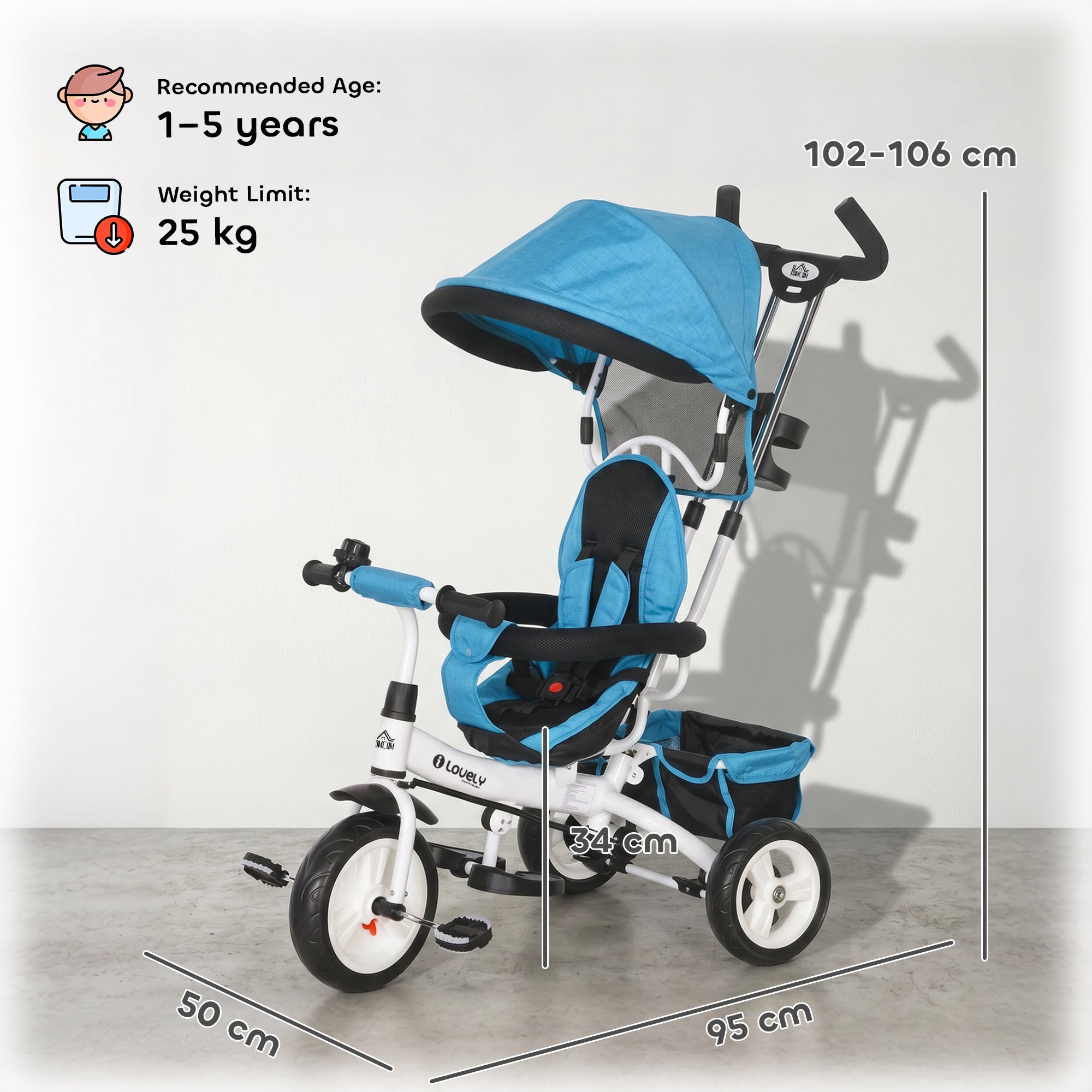 HOMCOM 6 in 1 Kids Trike Push Bike w/ Push Handle, Canopy, 5-point Seat Belt, Storage, Footrest, Brake, for 1-5 Years, Blue