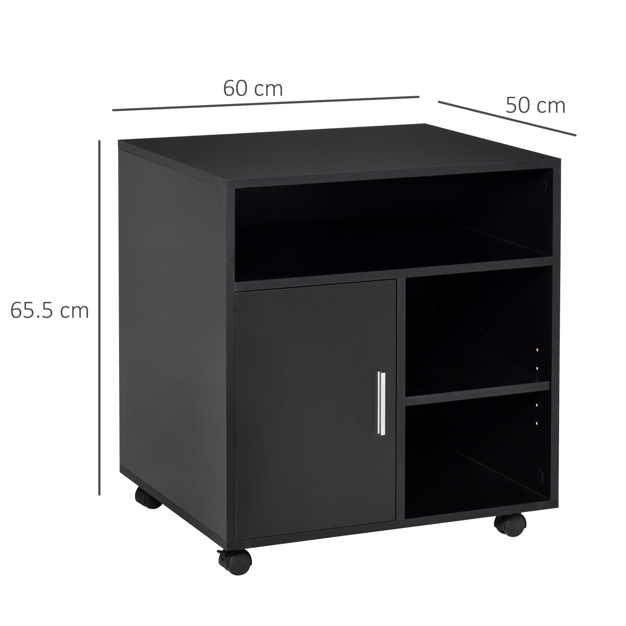 HOMCOM Mobile Printer Stand with Multiple Storage, Office Desk Side Unit on Wheels, Modern Design, 60L x 50W x 65.5H cm, Black