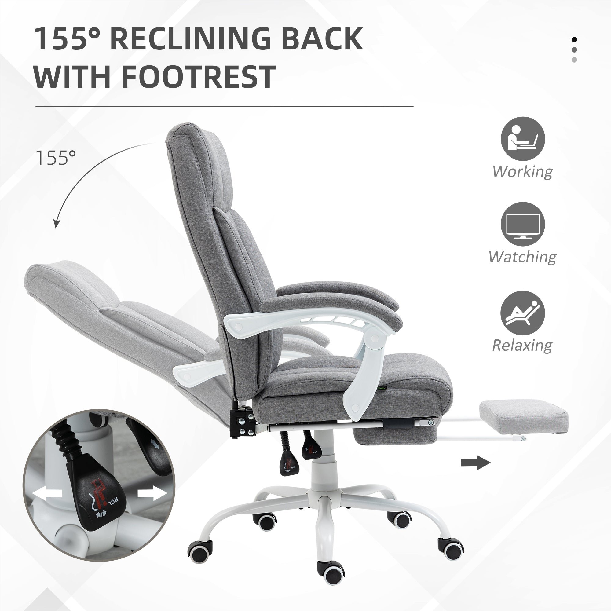 Vinsetto Office Chair, Ergonomic Desk Chair, Fabric Work Study Chair with 155° Reclining Back and Footrest, Adjustable Height and Swivel Wheels, Grey - North Peak Garden Furniture
