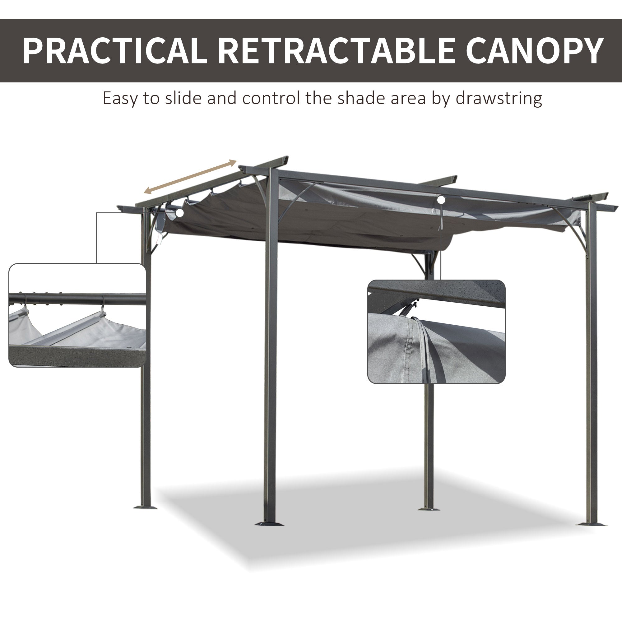 Outsunny 3 x 3(m) Metal Pergola with Retractable Roof, Garden Gazebo Metal Pergola Canopy. Outdoor Sun Shade Shelter for Party BBQ, Grey - North Peak Garden Furniture