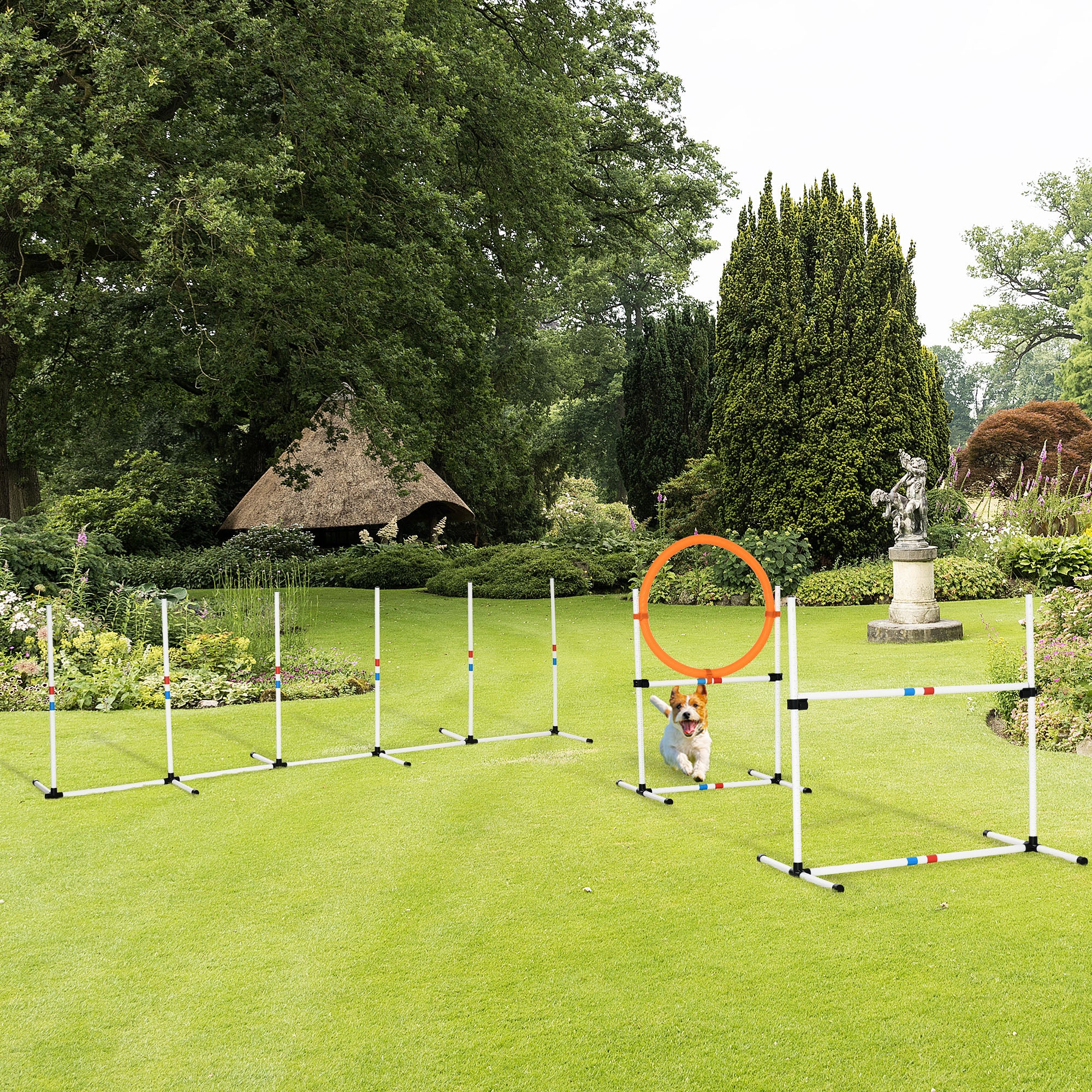 PawHut 3 Piece Pet Agility Training Equipment Dog Play Run Jump Obedience Training Set Adjustable (Pole + Hoop + Hurdle) - North Peak Garden Furniture