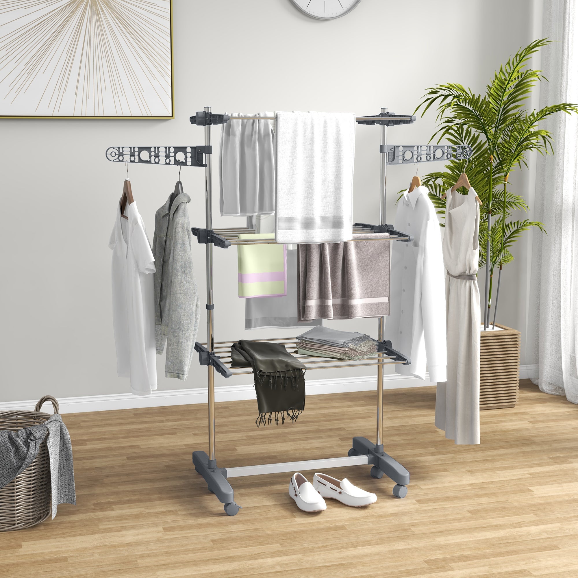 HOMCOM Three-Shelf Collapsing Clothes Horse, With Side Arms and Wheels - Grey - North Peak Garden Furniture