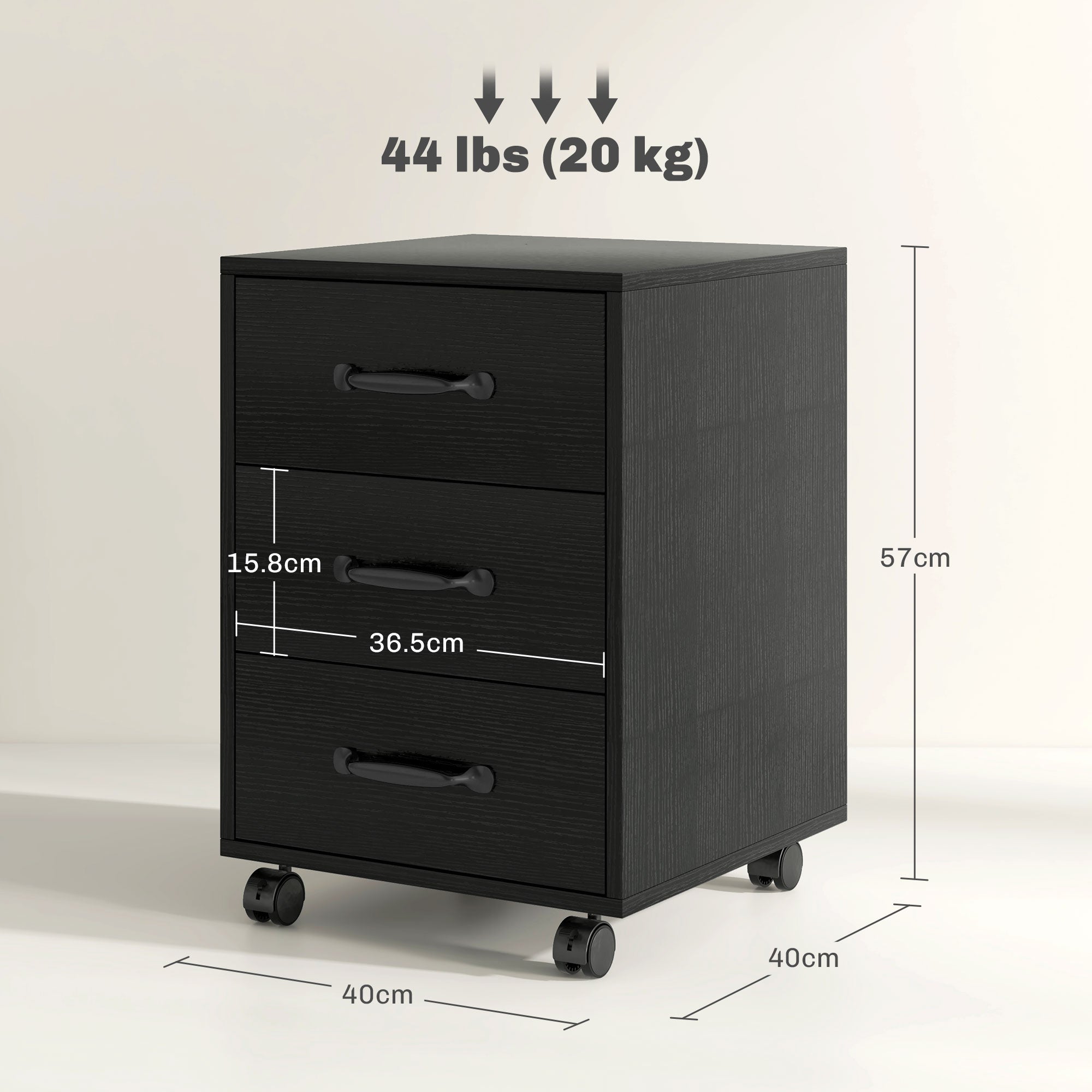 HOMCOM 3 Drawer File Cabinet, Mobile Filing Cabinet on Wheels for Home Office, Study, Black - North Peak Garden Furniture