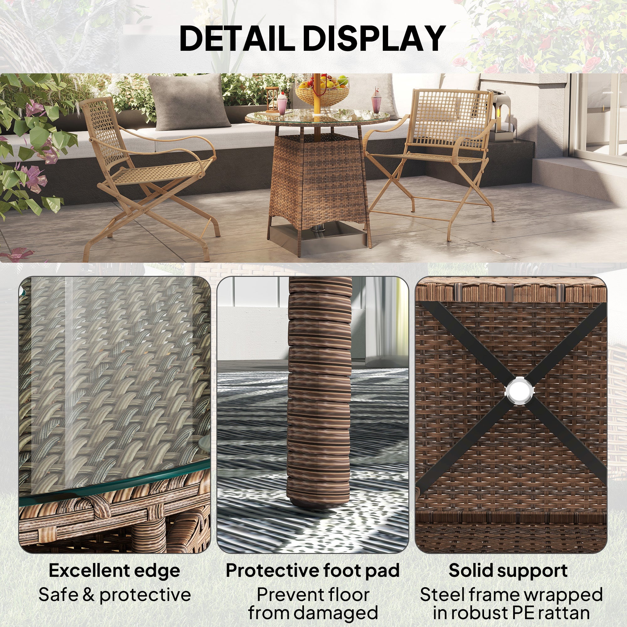 Outsunny Wicker Garden Rattan Table, Patio Furniture Outdoor Coffee Table with Umbrella Hole and Tempered Glass Top, Brown - North Peak Garden Furniture