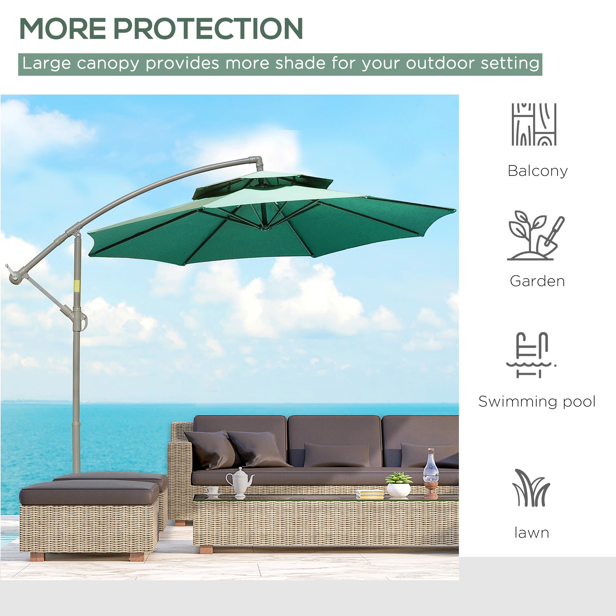 Outsunny 2.7m Banana Parasol Cantilever Umbrella with Crank Handle, Double Tier Canopy and Cross Base for Outdoor, Hanging Sun Shade, Green