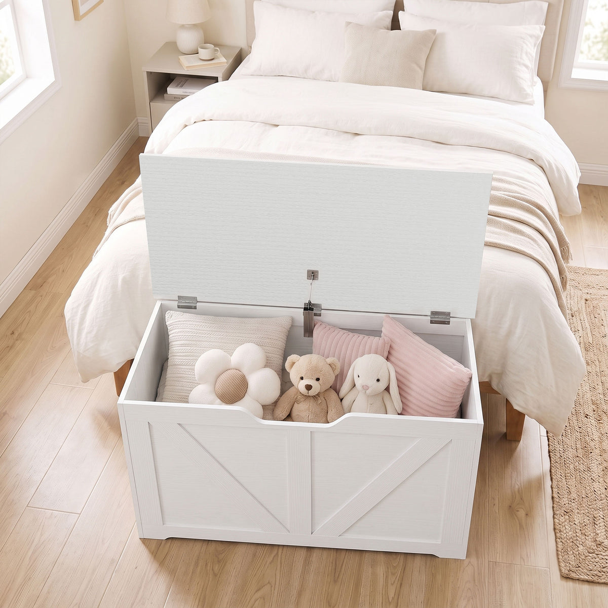 HOMCOM 100L Home Storage Box, with Safety Hinge - White Wood-Effect