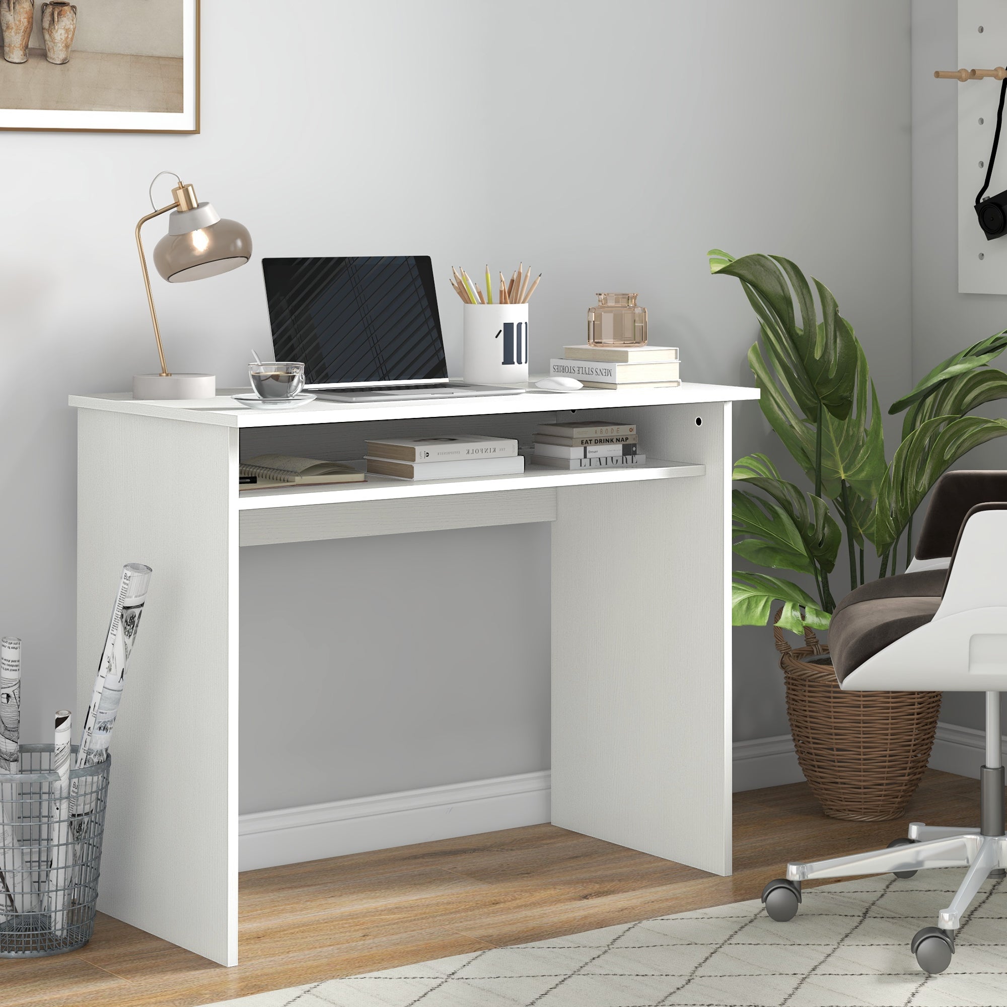 HOMCOM Modern Computer Desk, Home Office Table, Small Writing Desk with Storage Shelf, 90 x 50cm, White Wood Grain - North Peak Garden Furniture