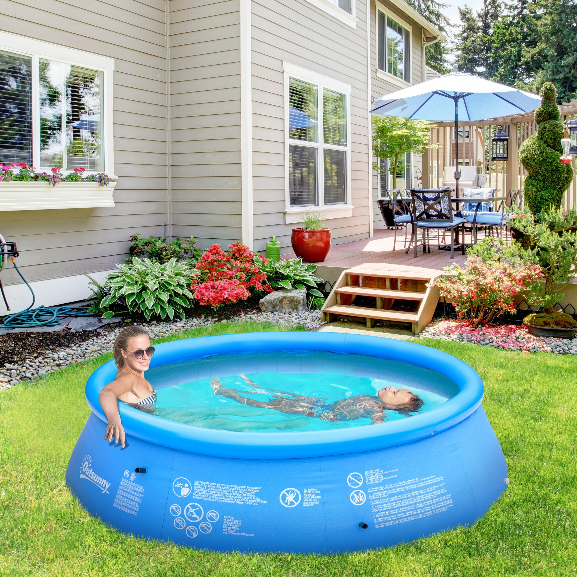 Outsunny 274cm x 76cm Inflatable Swimming Pool Family-Sized Blow Up Pool Round Paddling Pool with Hand Pump for Adults, Outdoor, Garden and Backyard, Blue